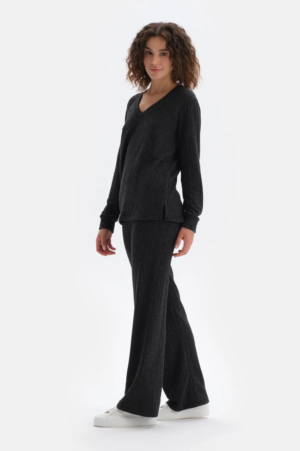 Antrasıt Bol Paça Örgülü Pantolon