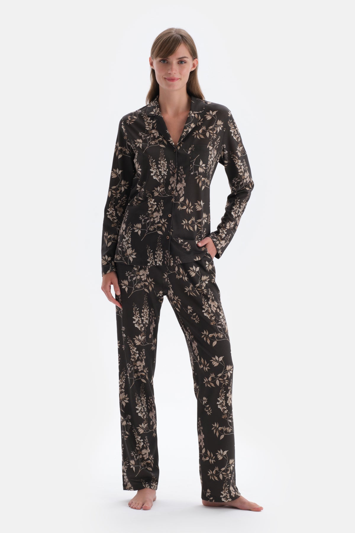 Koyu Kahve Metraj Baskılı Gömlek Pantolon Pijama Takımı