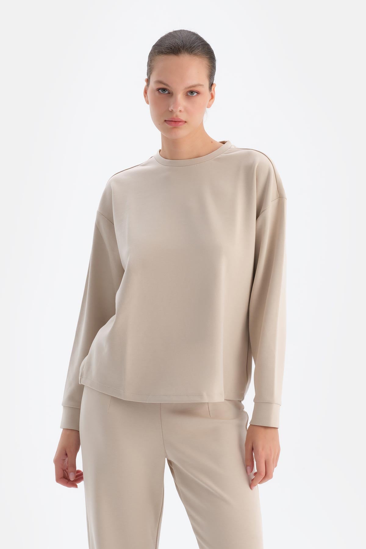 Krem Basıc Modal Sweatshırt