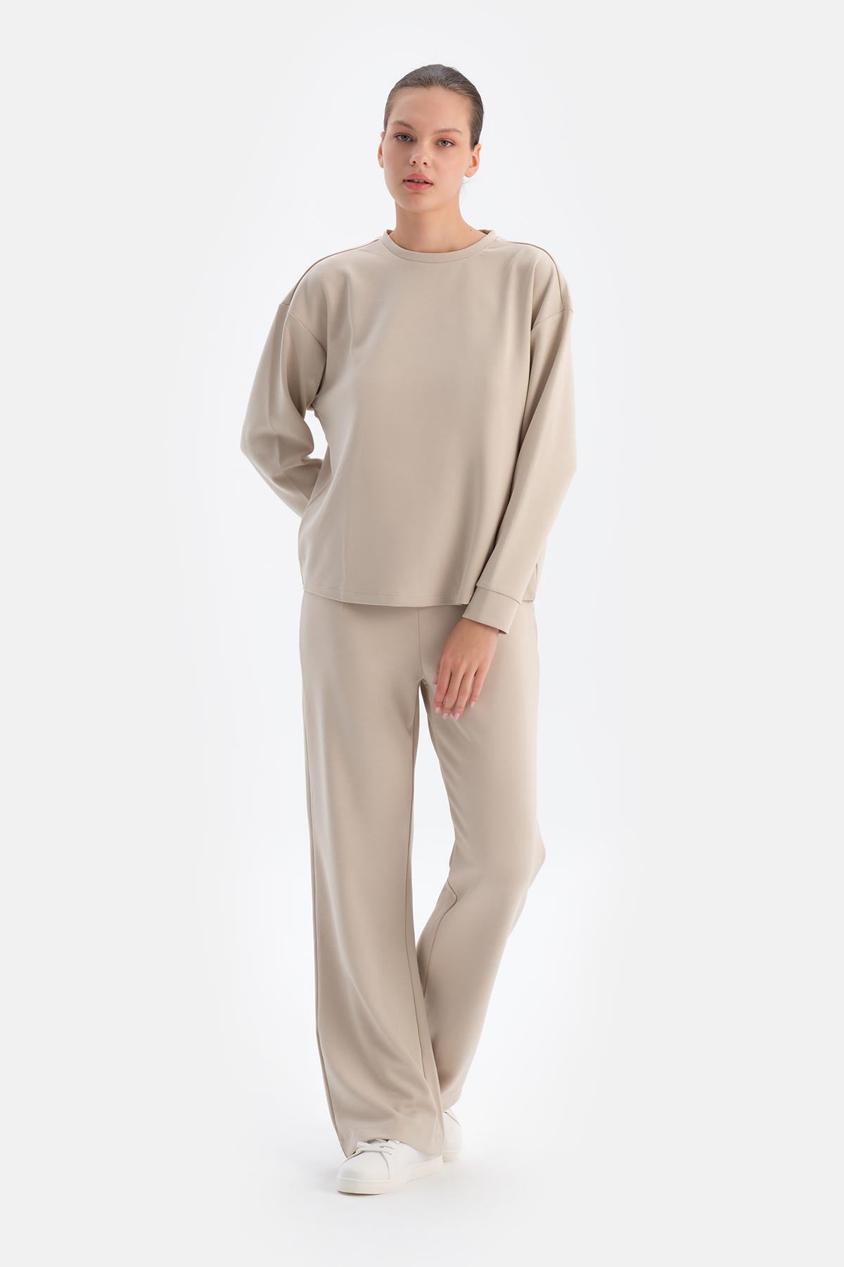 Krem Basıc Modal Sweatshırt