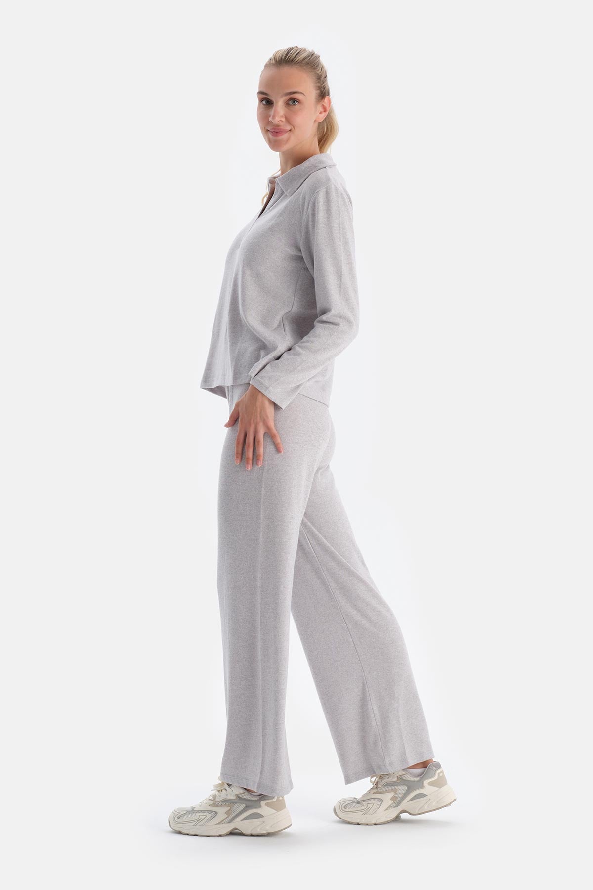 Gri Melanj Polo Yaka Uzun Kollu Basıc Üst