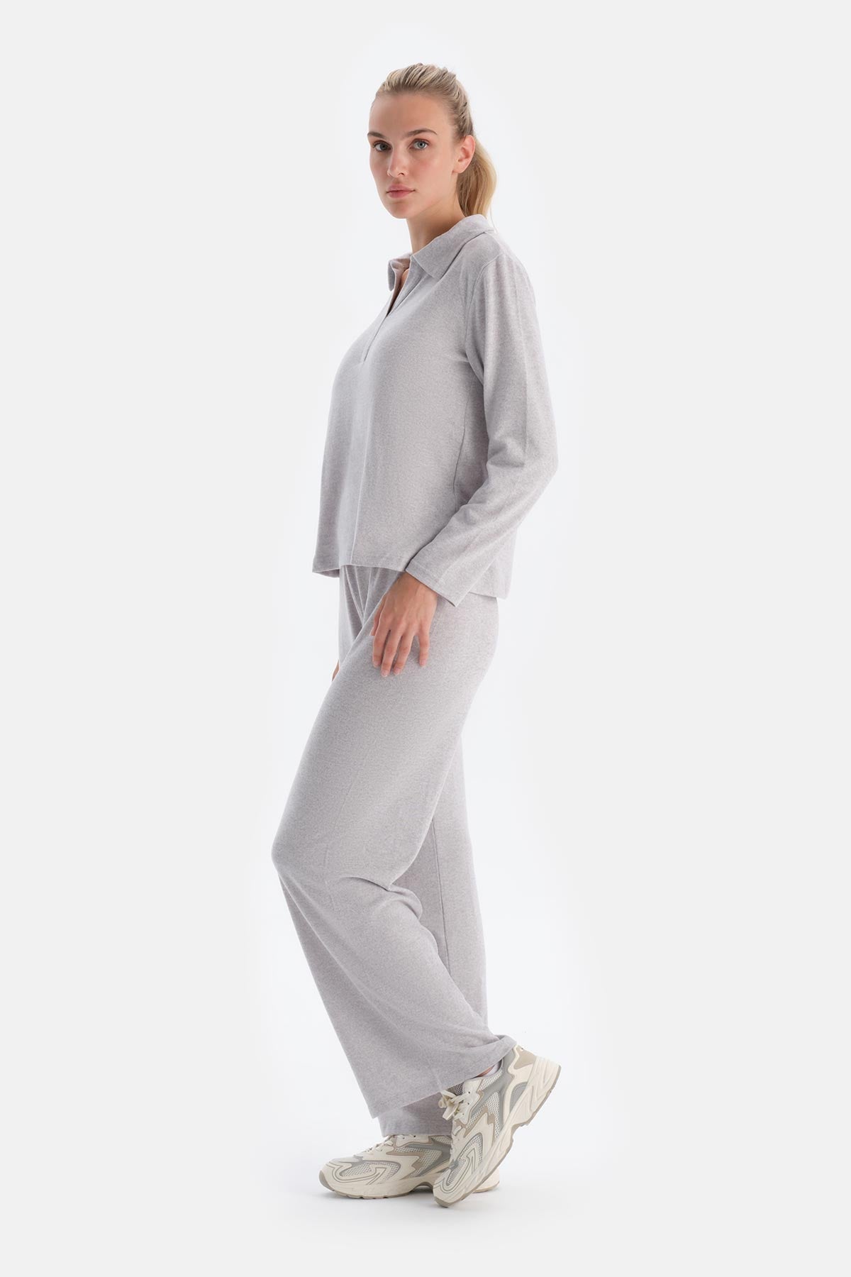 Gri Melanj Polo Yaka Uzun Kollu Basıc Üst