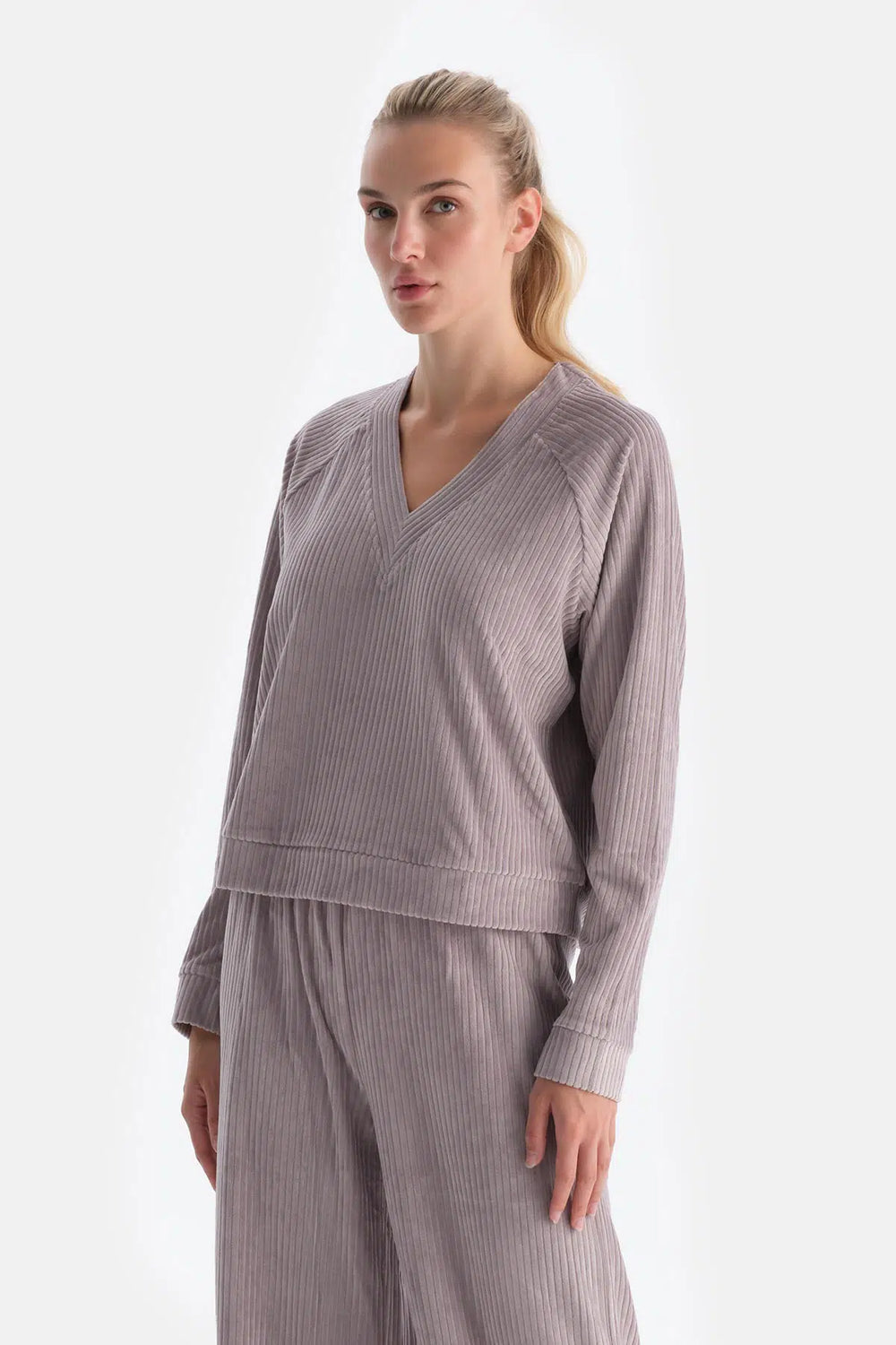 Açık Lila V Yaka Uzun Kollu Kadife Sweatshirt