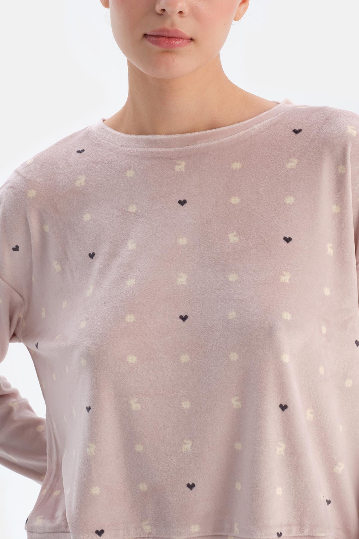 Pudra Mıkroprınt Baskılı Uzun Kollu Kadife Pijama Takımı