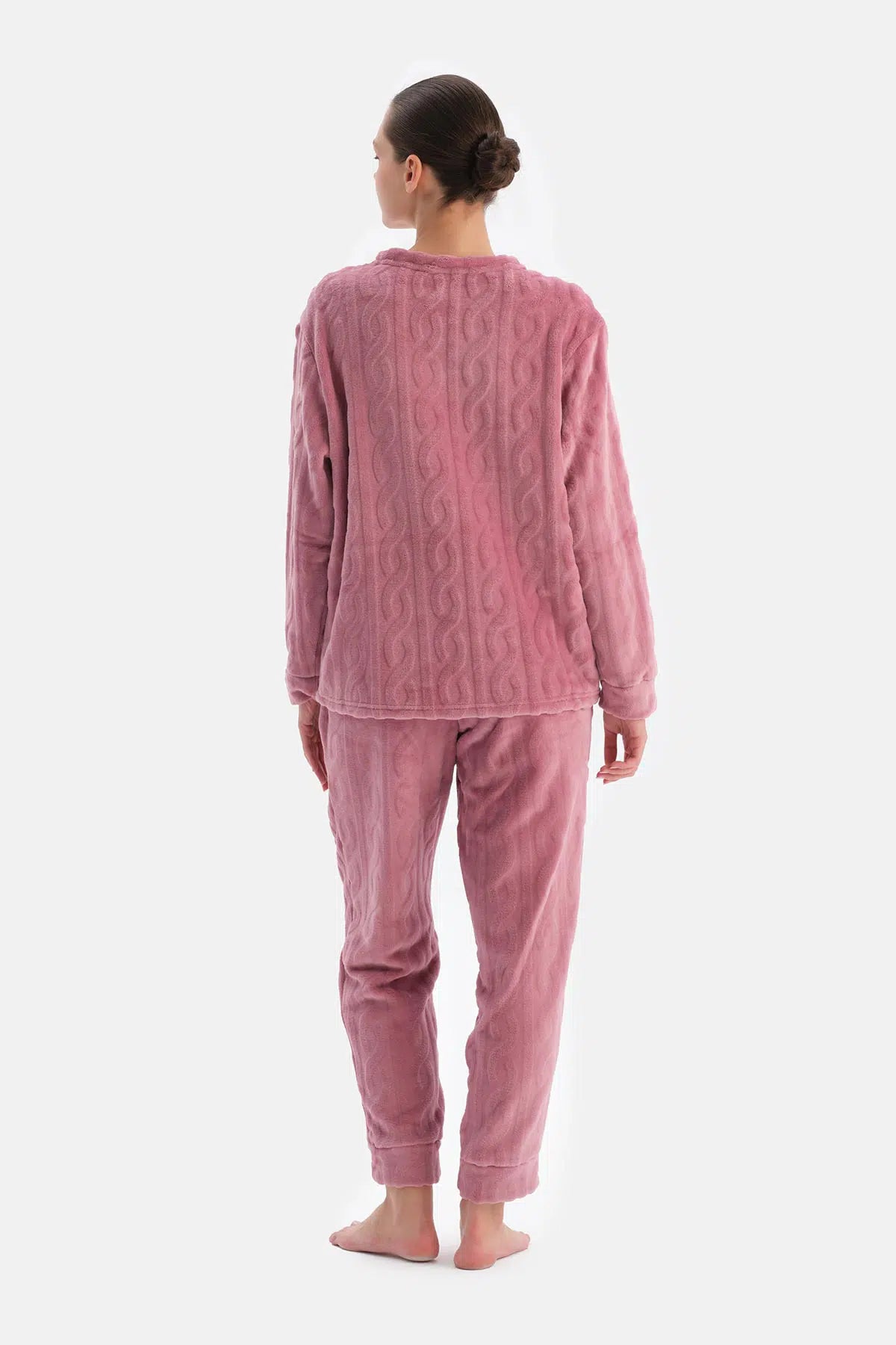 Gül Kurusu Örgü Detaylı Uzun Kollu Pijama Takımı