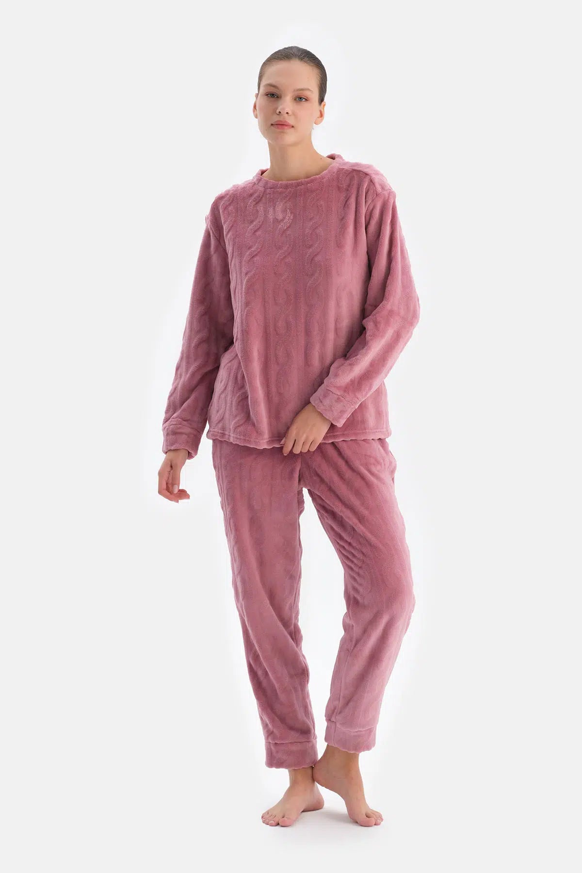 Gül Kurusu Örgü Detaylı Uzun Kollu Pijama Takımı