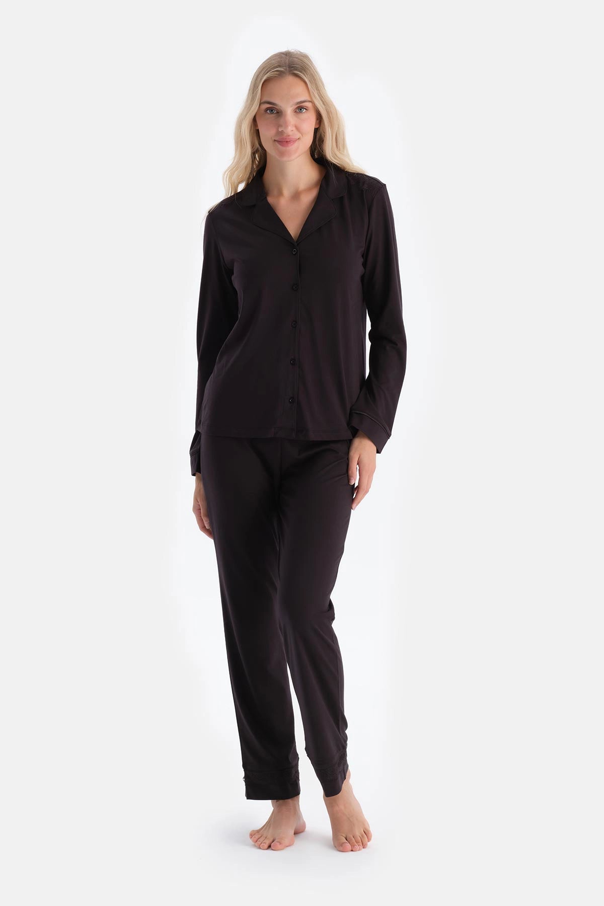 Koyu Kahve Dantel Detaylı Gömlek Pantolon Pijama Takımı