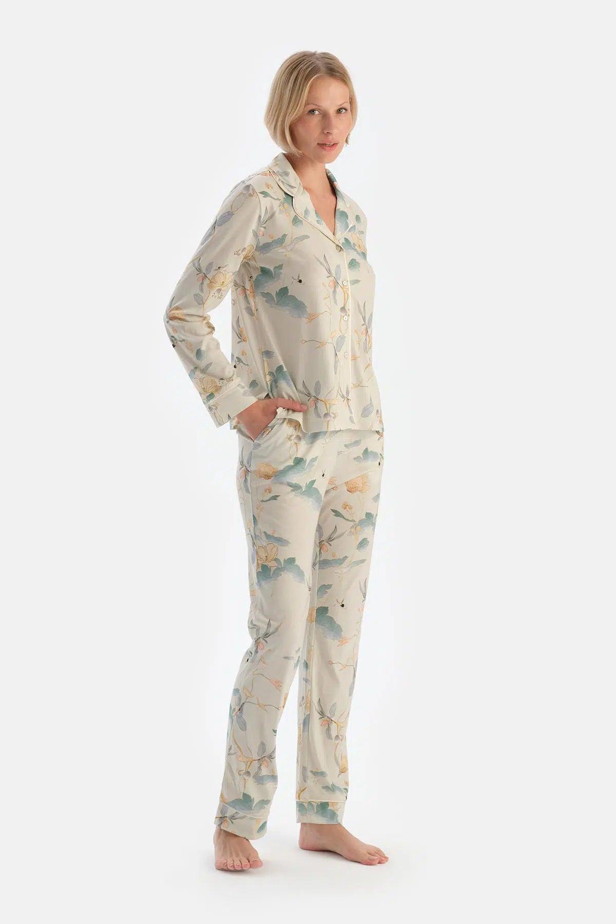 Mint Yeşili Çiçek Desenli Gömlek Pantolon Pijama Takımı