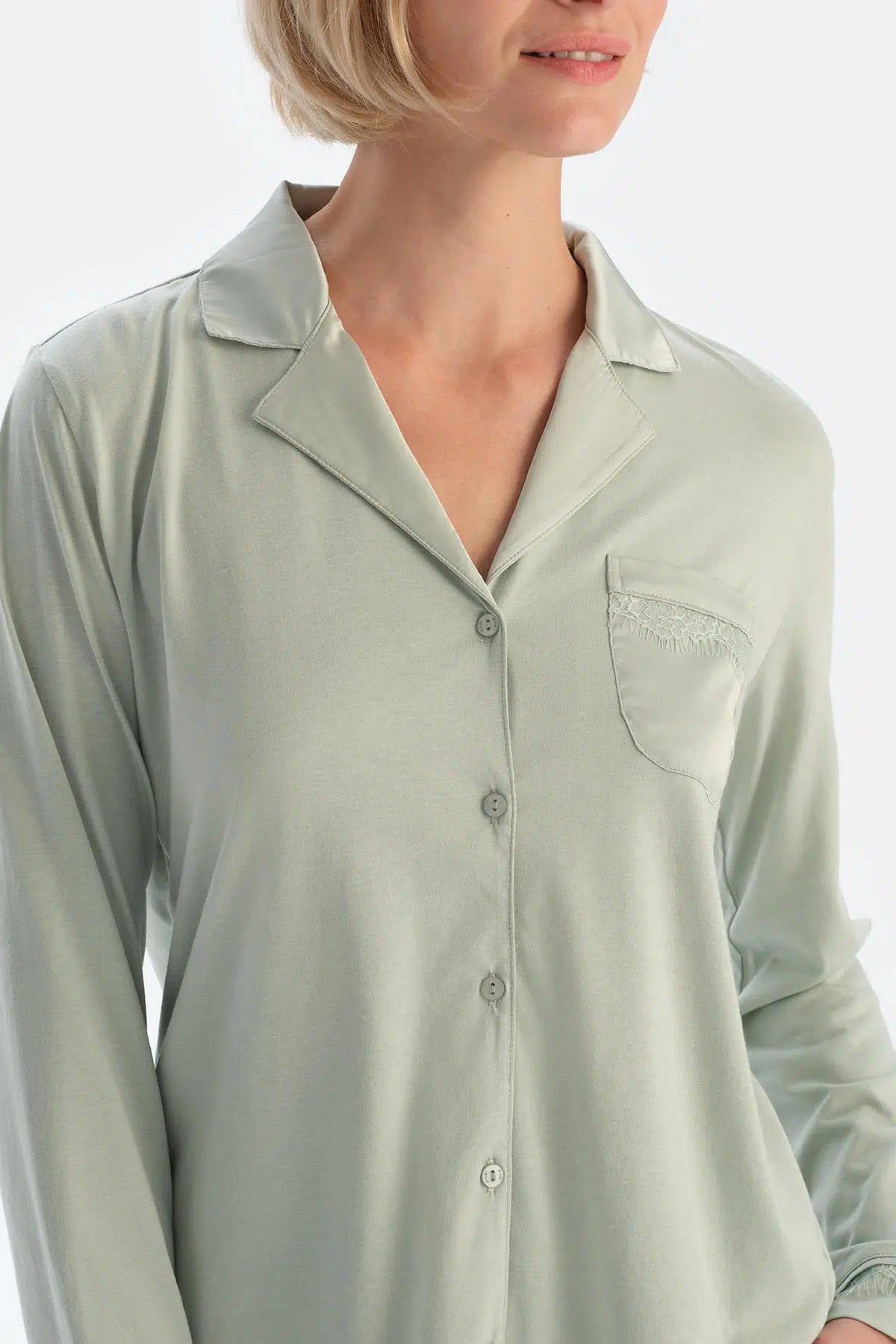 Mint Yeşili Saten Garnili Modal Pijama Takımı