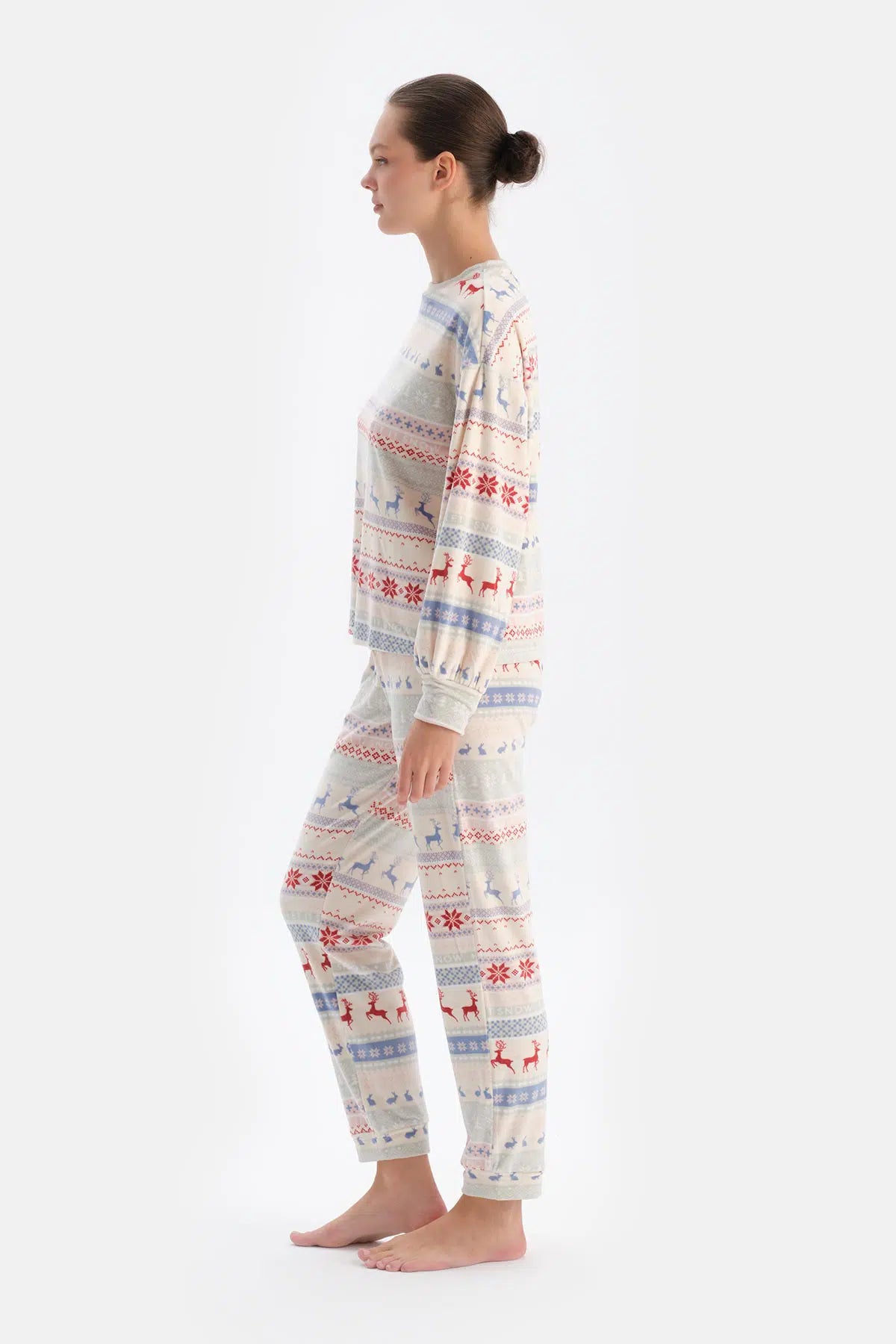 Multicolor Metraj Baskılı Kadife Pijama Takımı