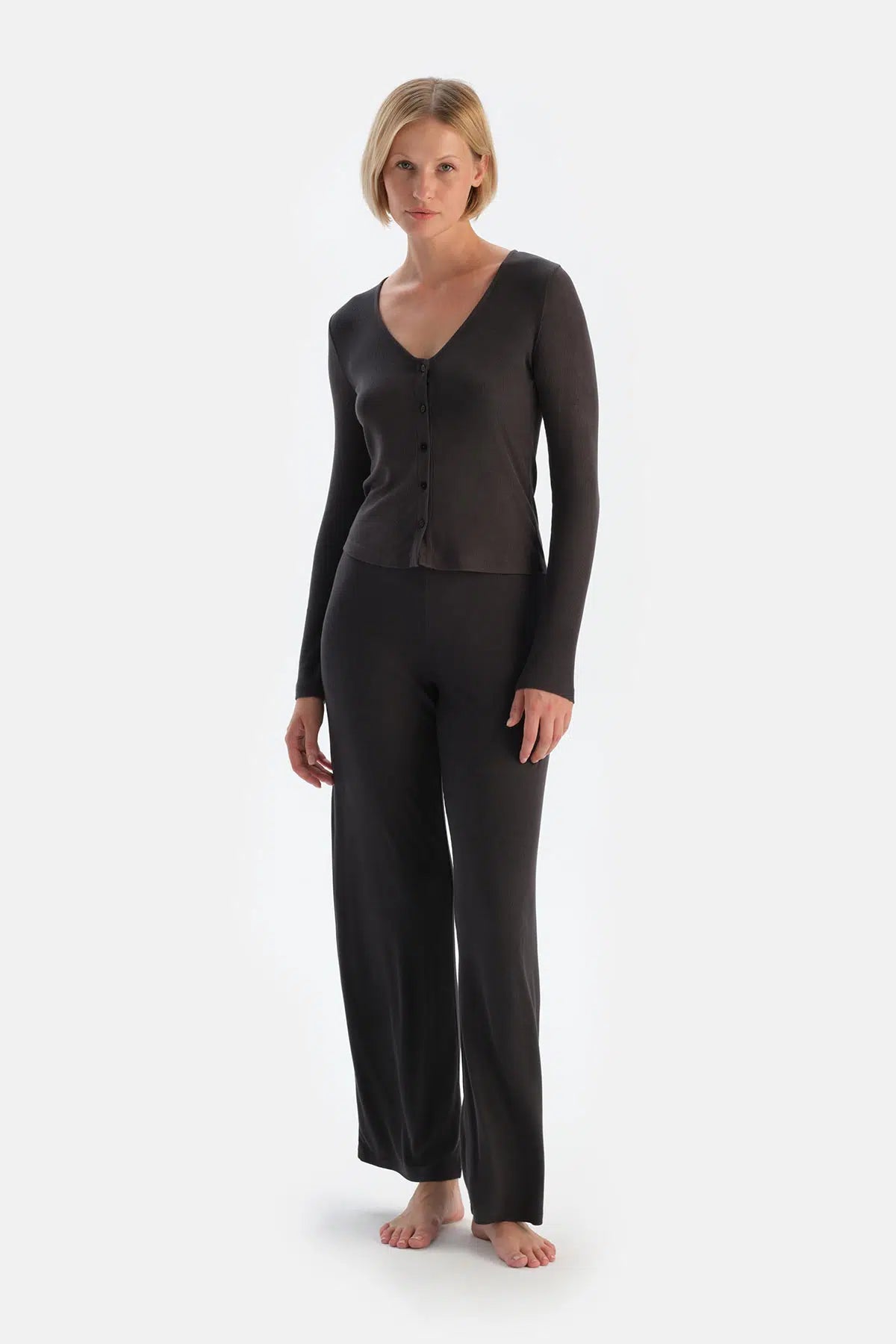 Antrasıt U Yaka Düğmeli Kaşkorse Pijama Takımı