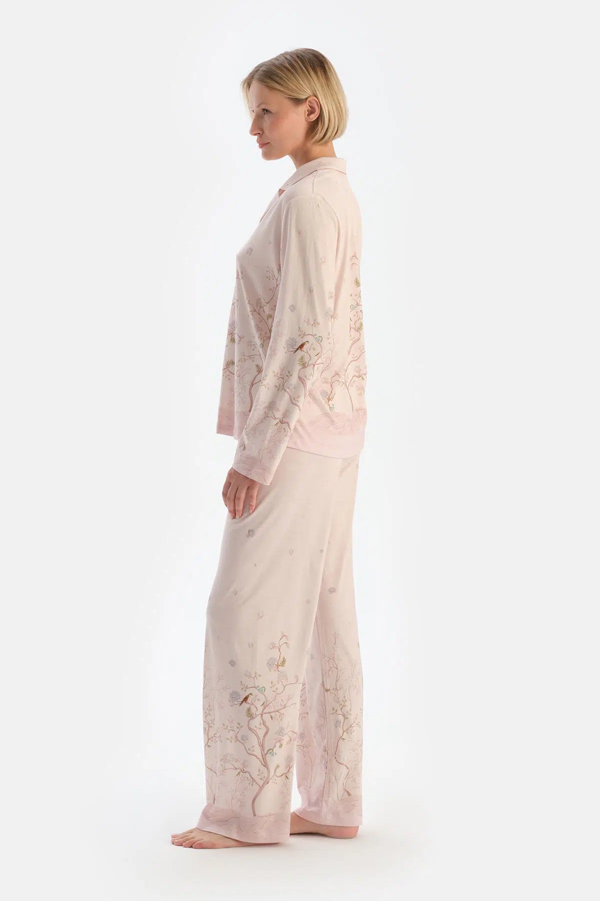 Açık Pembe Çiçek Desenli Penye Modal Pijama Takımı