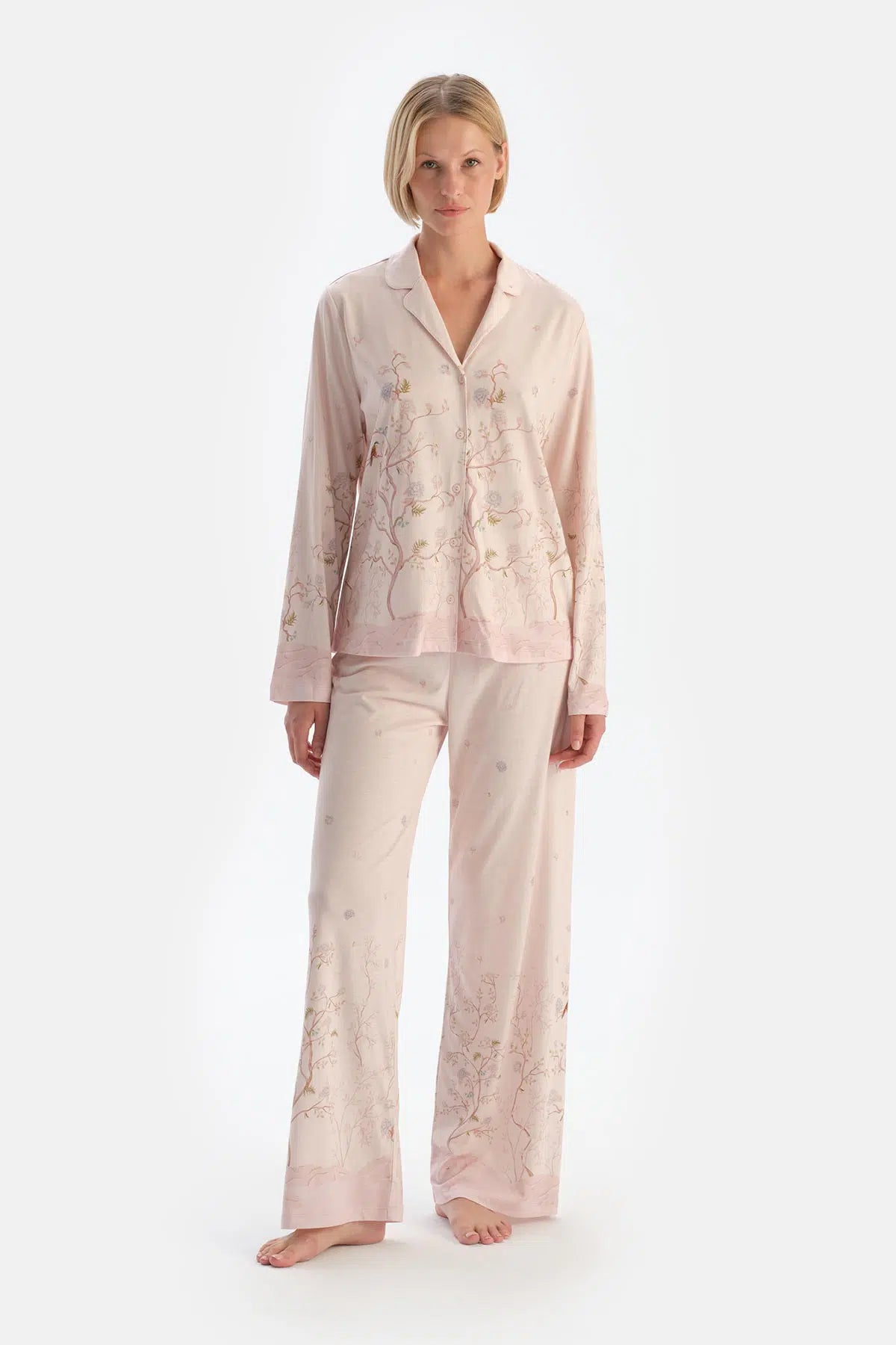 Açık Pembe Çiçek Desenli Penye Modal Pijama Takımı