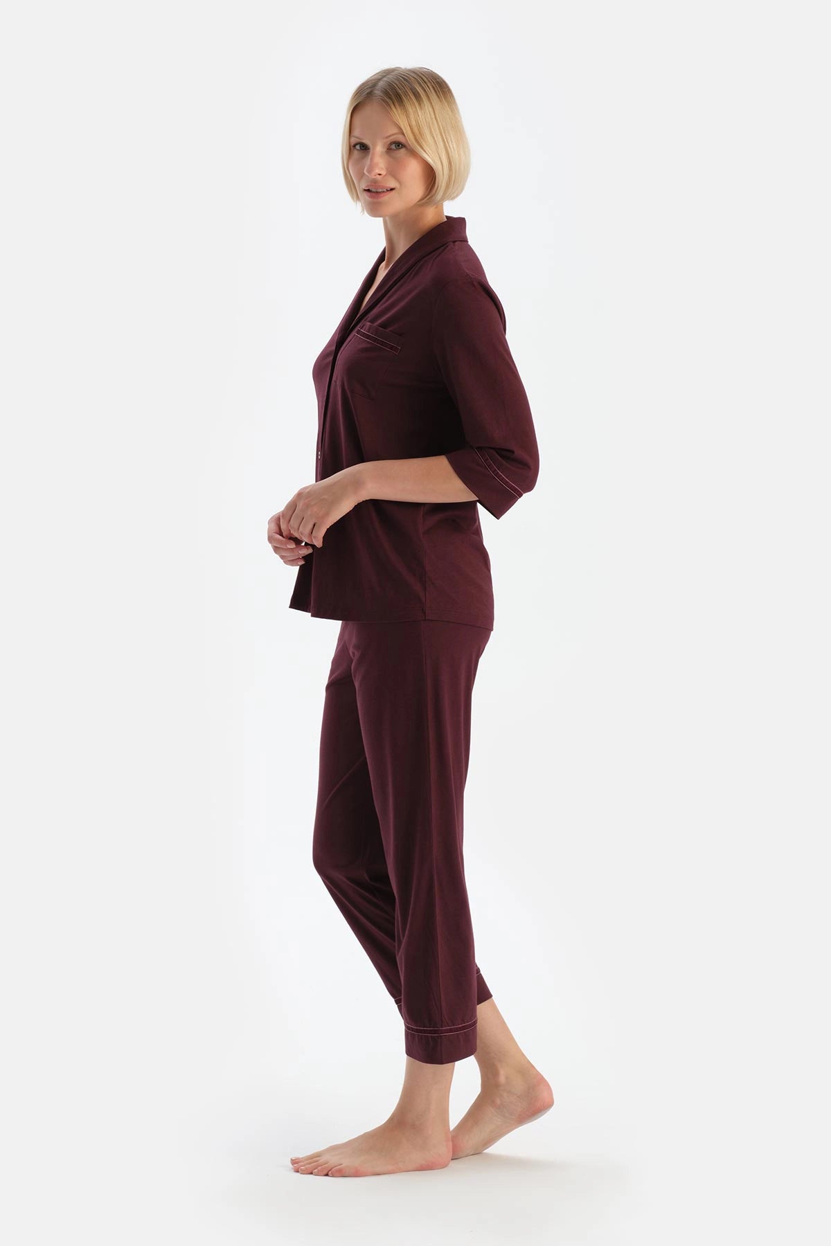 Bordo Biye Detaylı Cepli Penye Modal Pijama Takımı