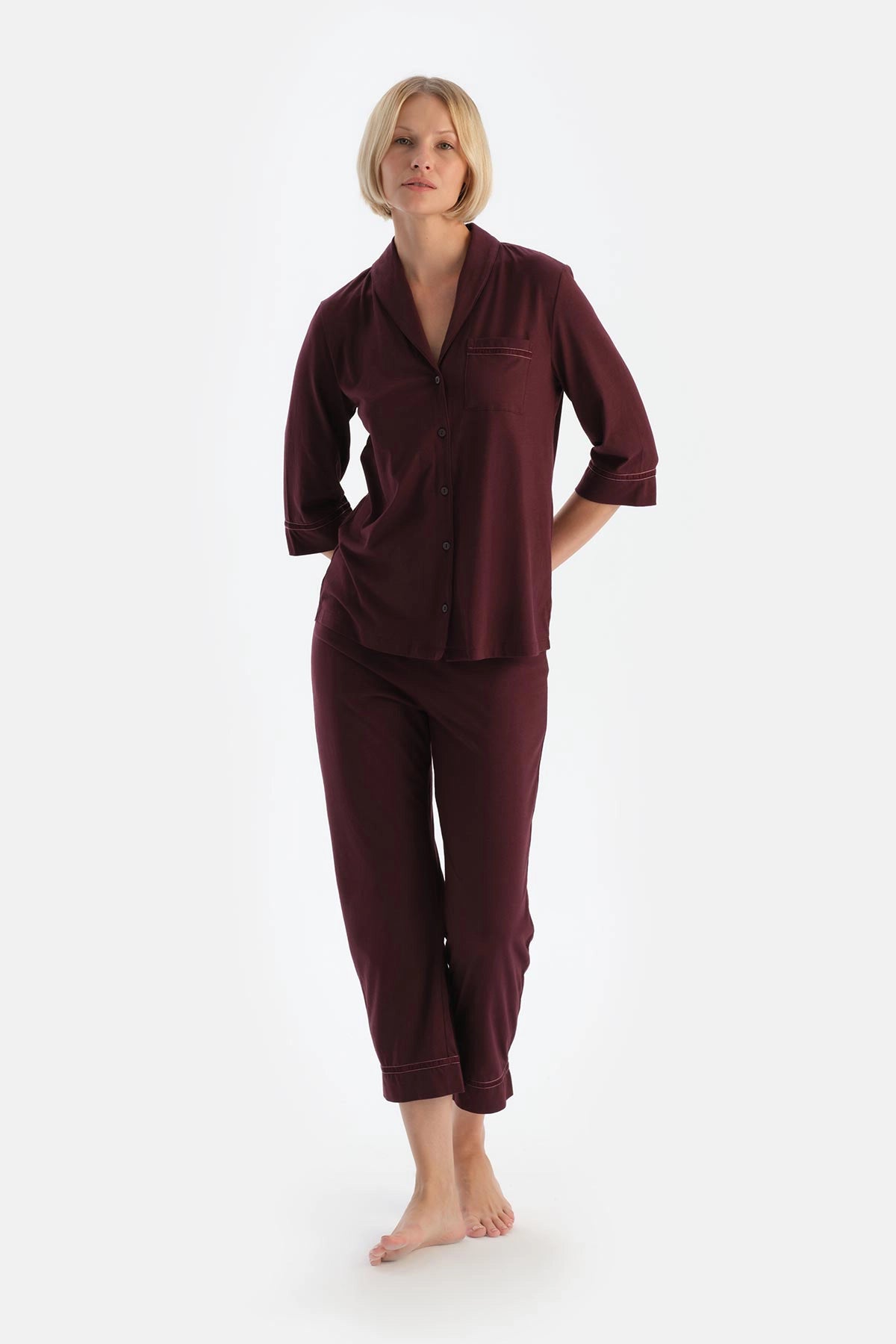 Bordo Biye Detaylı Cepli Penye Modal Pijama Takımı