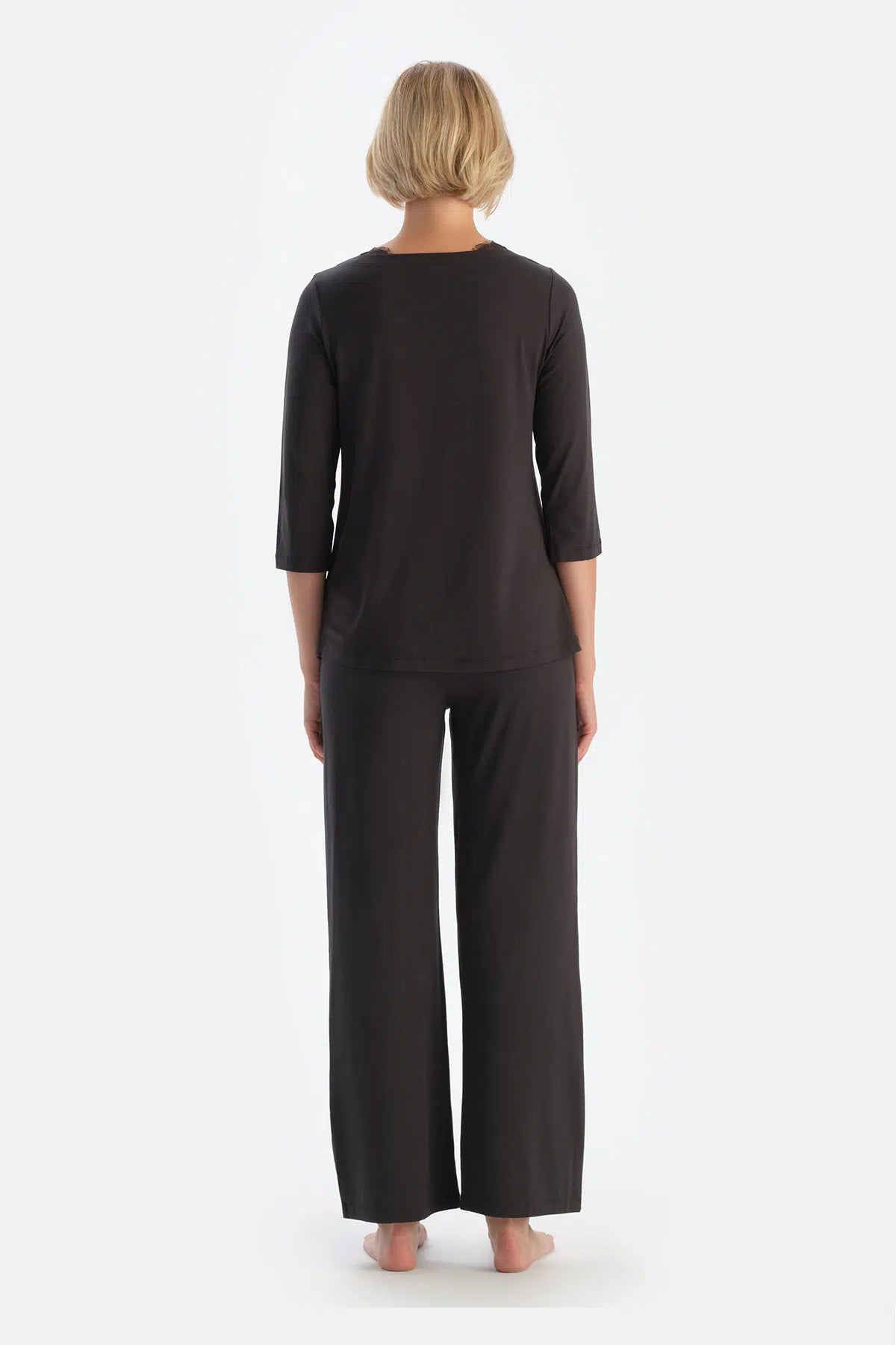 Antrasıt Kayık Yaka Dantel Detaylı Pijama Takımı
