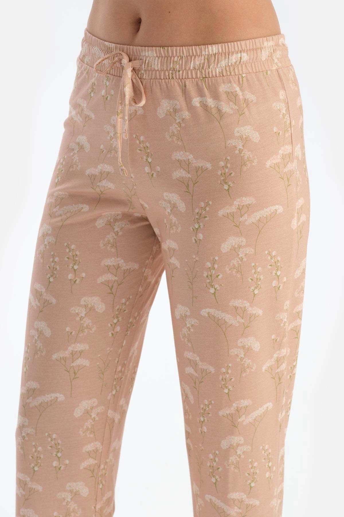 Açık Somon Çiçek Desenli Penye Modal Pijama Takımı