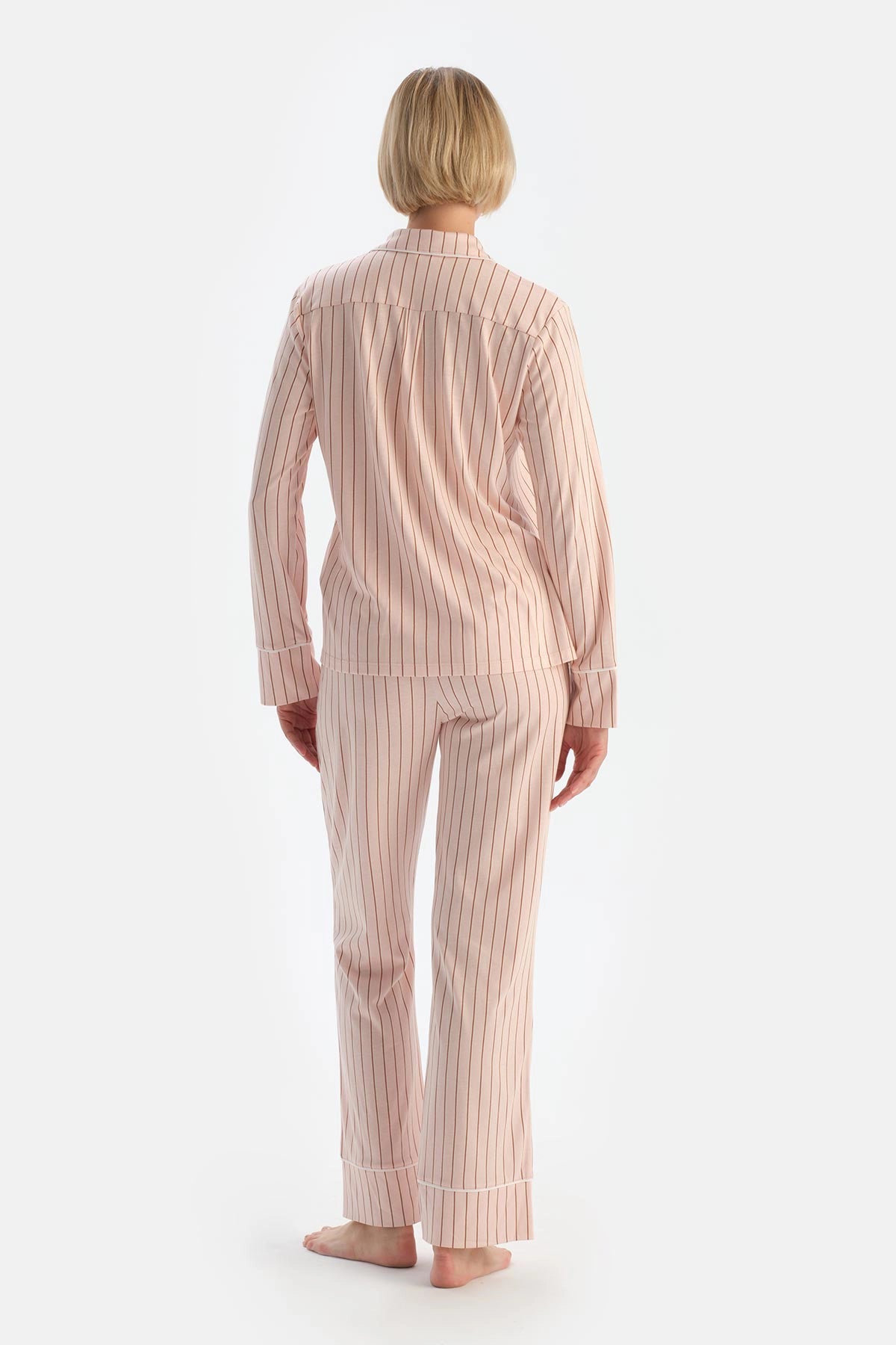Açık Pembe Çizgili Penye Modal Pijama Takımı