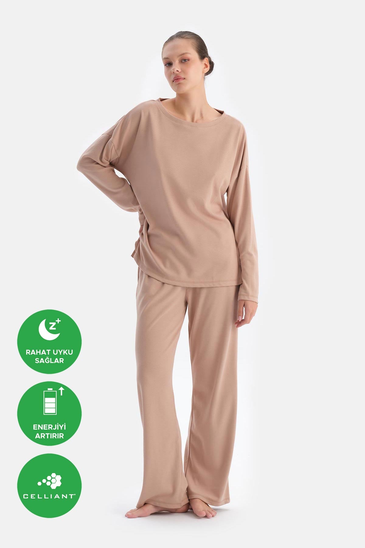 Sütlü Kahve Bisiklet Yaka Düşük Omuz Cellıant Pijama Takımı