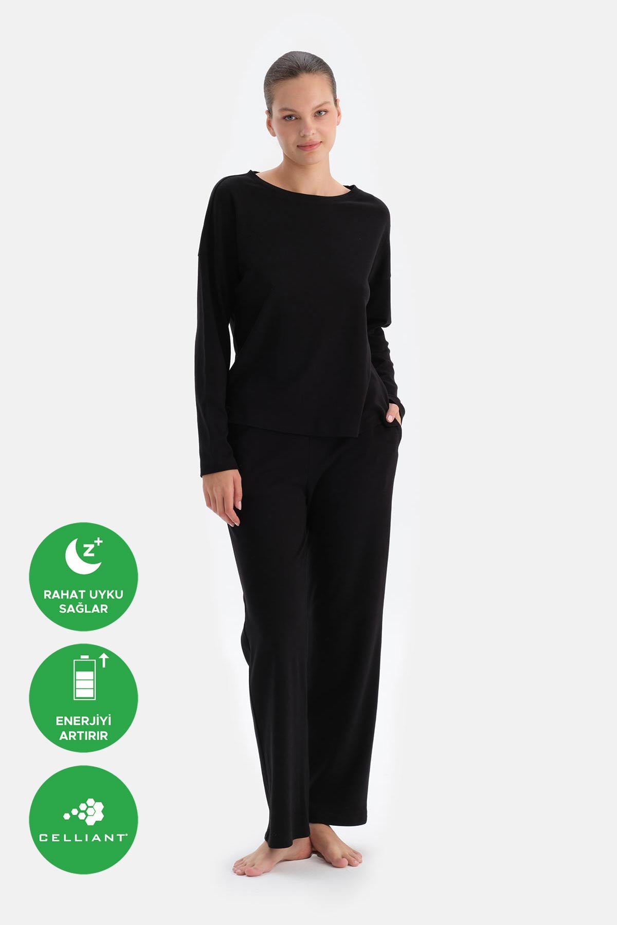 Siyah Bisiklet Yaka Düşük Omuz Cellıant Pijama Takımı