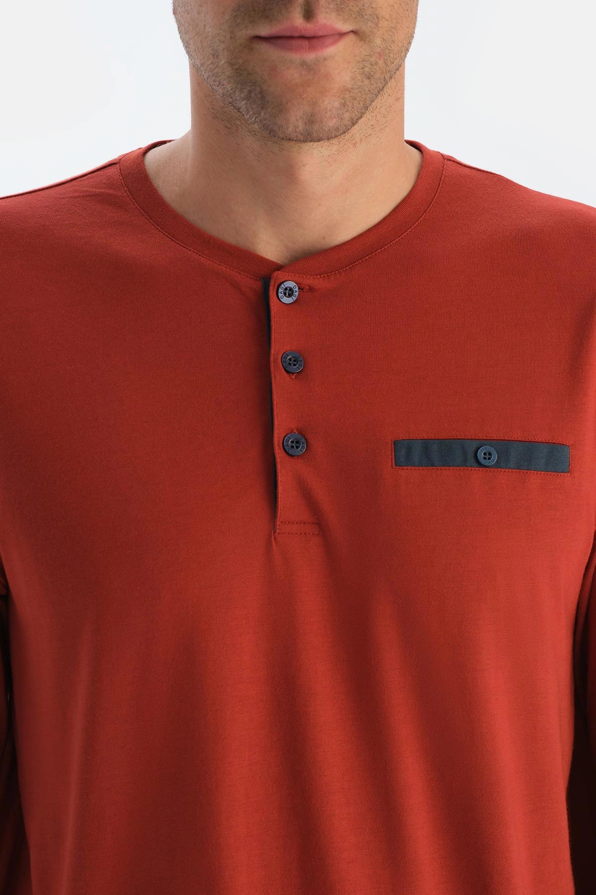 Kırmızı Yarım Patlı Uzun Kollu Penye Modal Tişört Pantolon Pijama Takımı