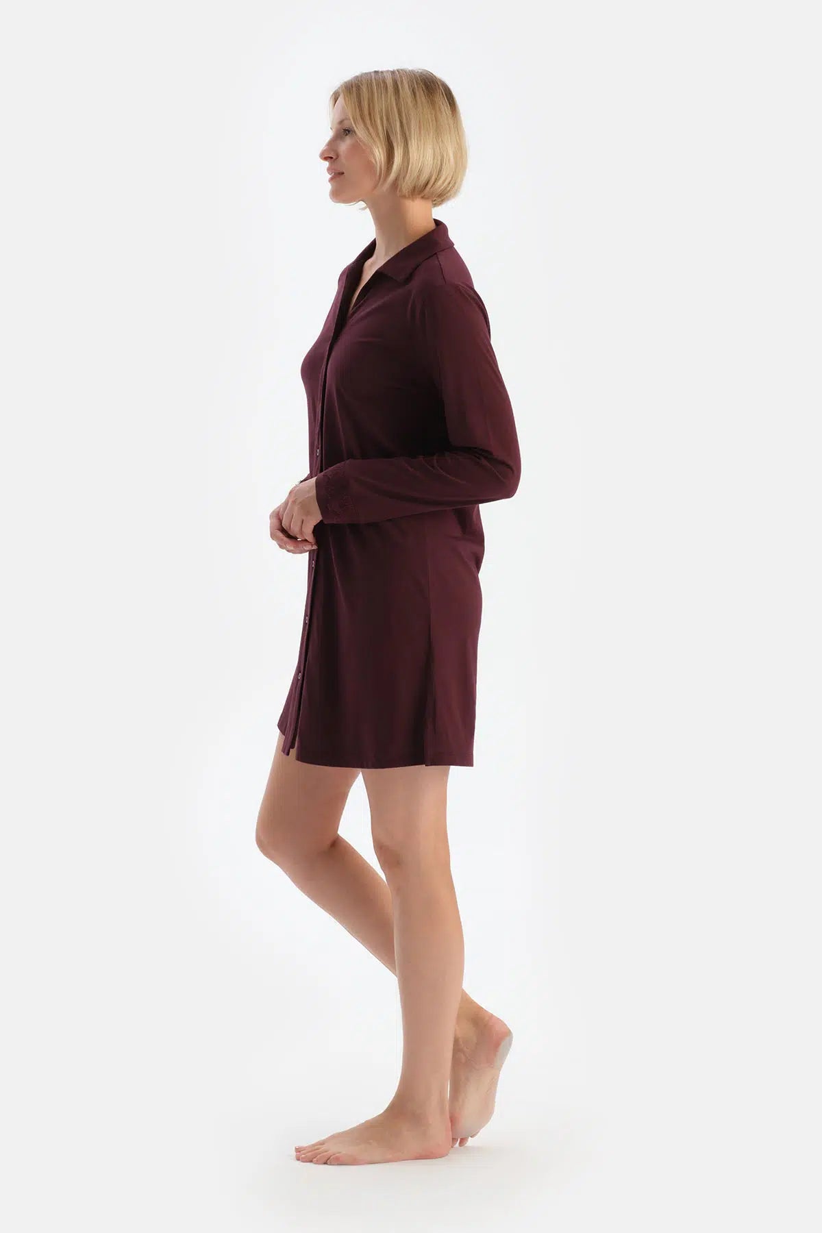 Bordo Dantel Detaylı Gömlek Yaka Modal Gecelik