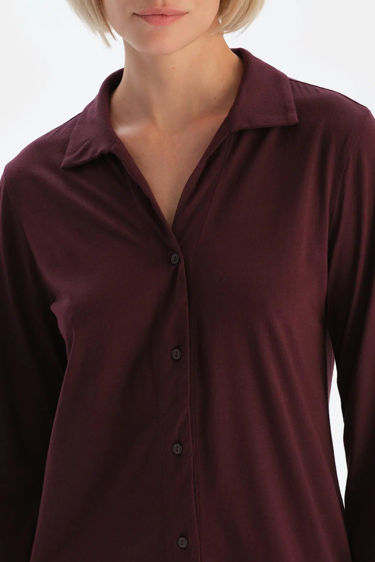 Bordo Dantel Detaylı Gömlek Yaka Modal Gecelik