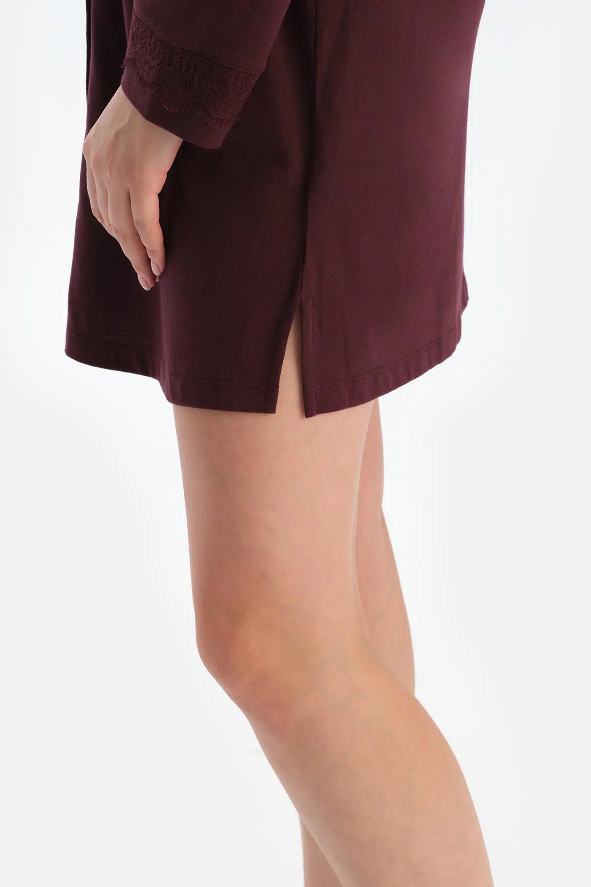 Bordo Dantel Detaylı Gömlek Yaka Modal Gecelik