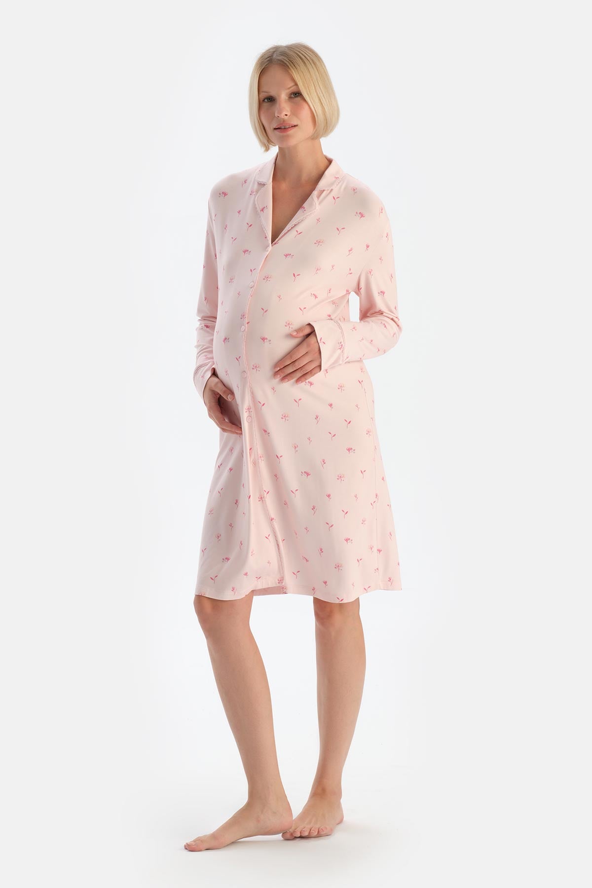 Soft Pembe Soft Penye Modal Çıtır Çiçek Desenli Hamile Gecelik