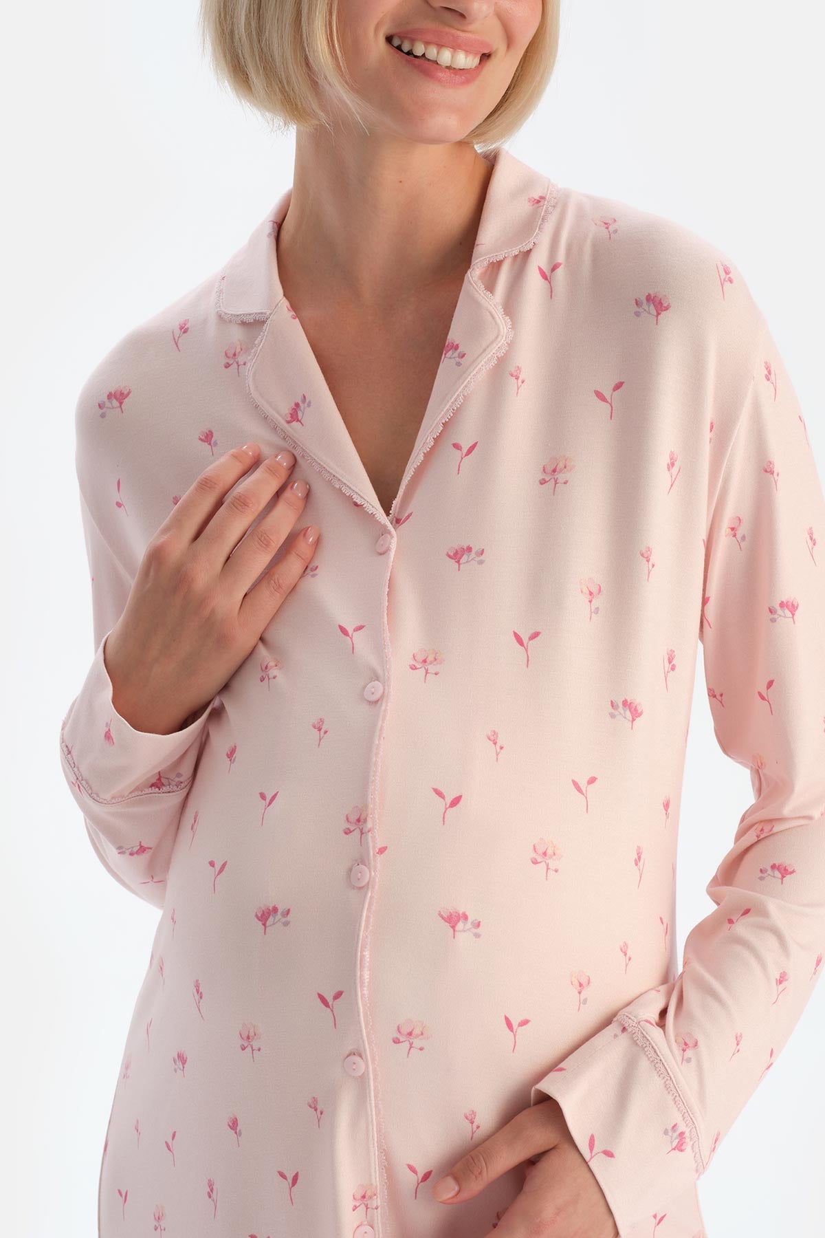 Soft Pembe Soft Penye Modal Çıtır Çiçek Desenli Hamile Gecelik