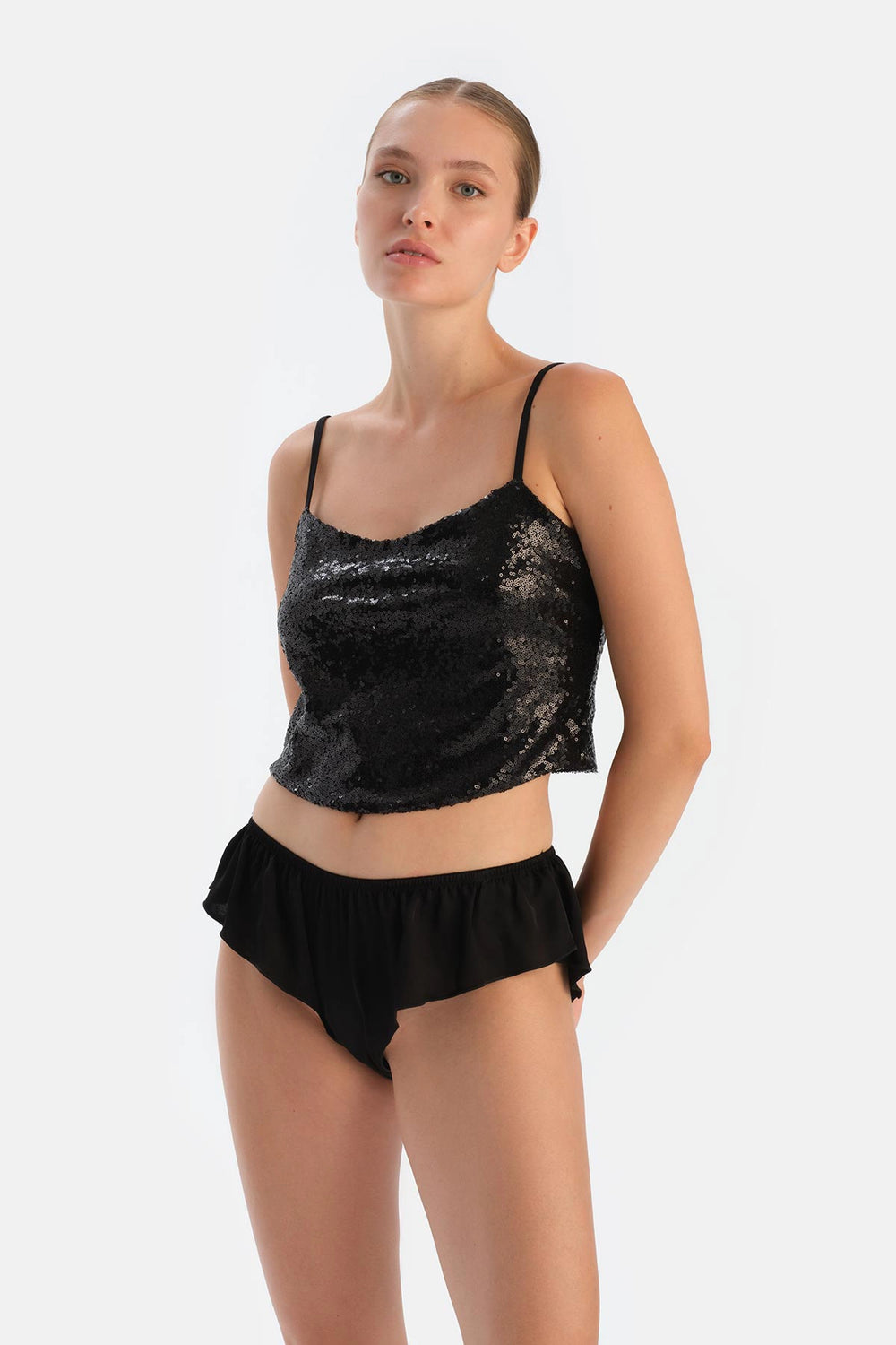 Siyah Payetli Crop Top