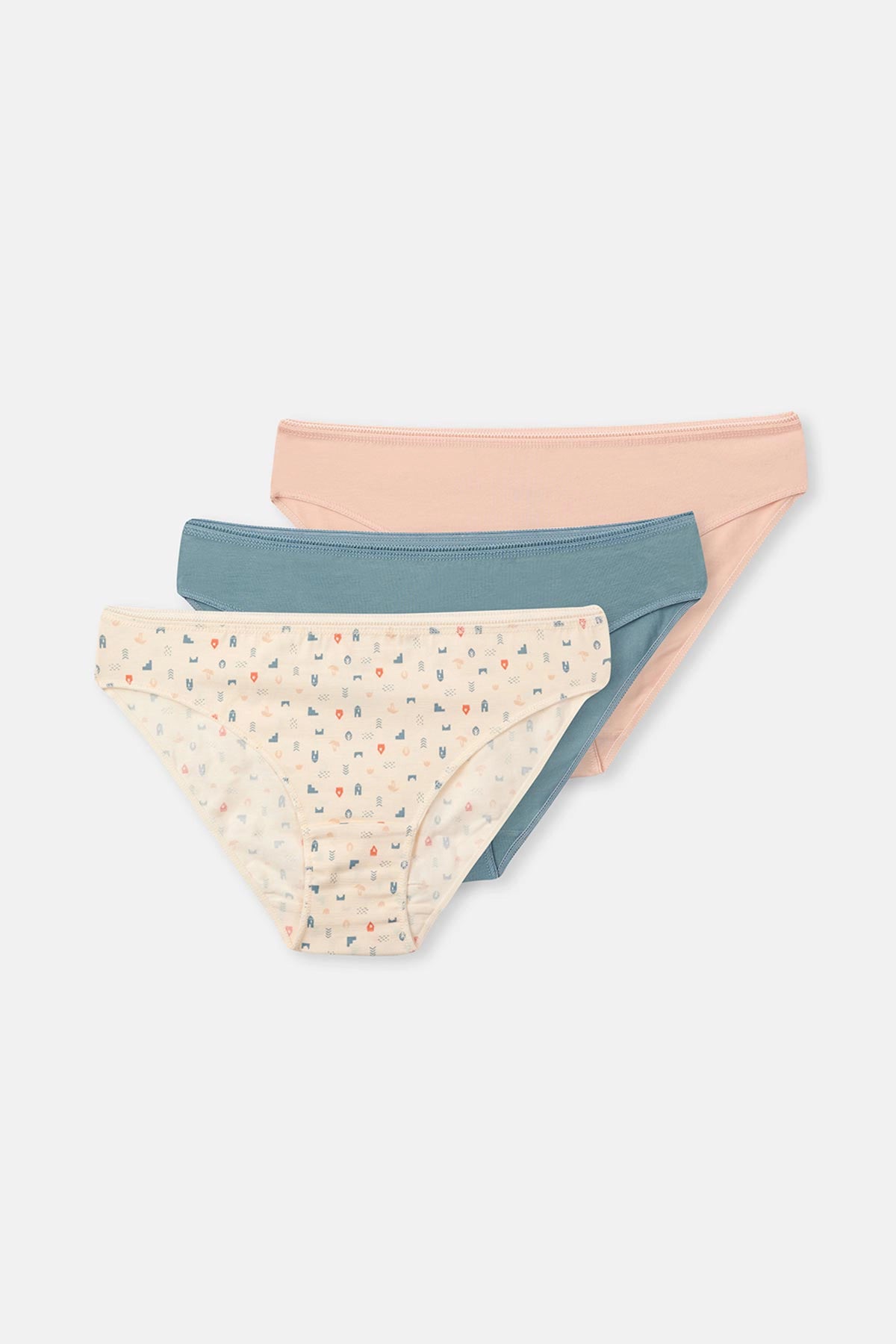 Ekru-Gri Mavi-Pudra Kadın 3'lü Desenli Brıef Külot