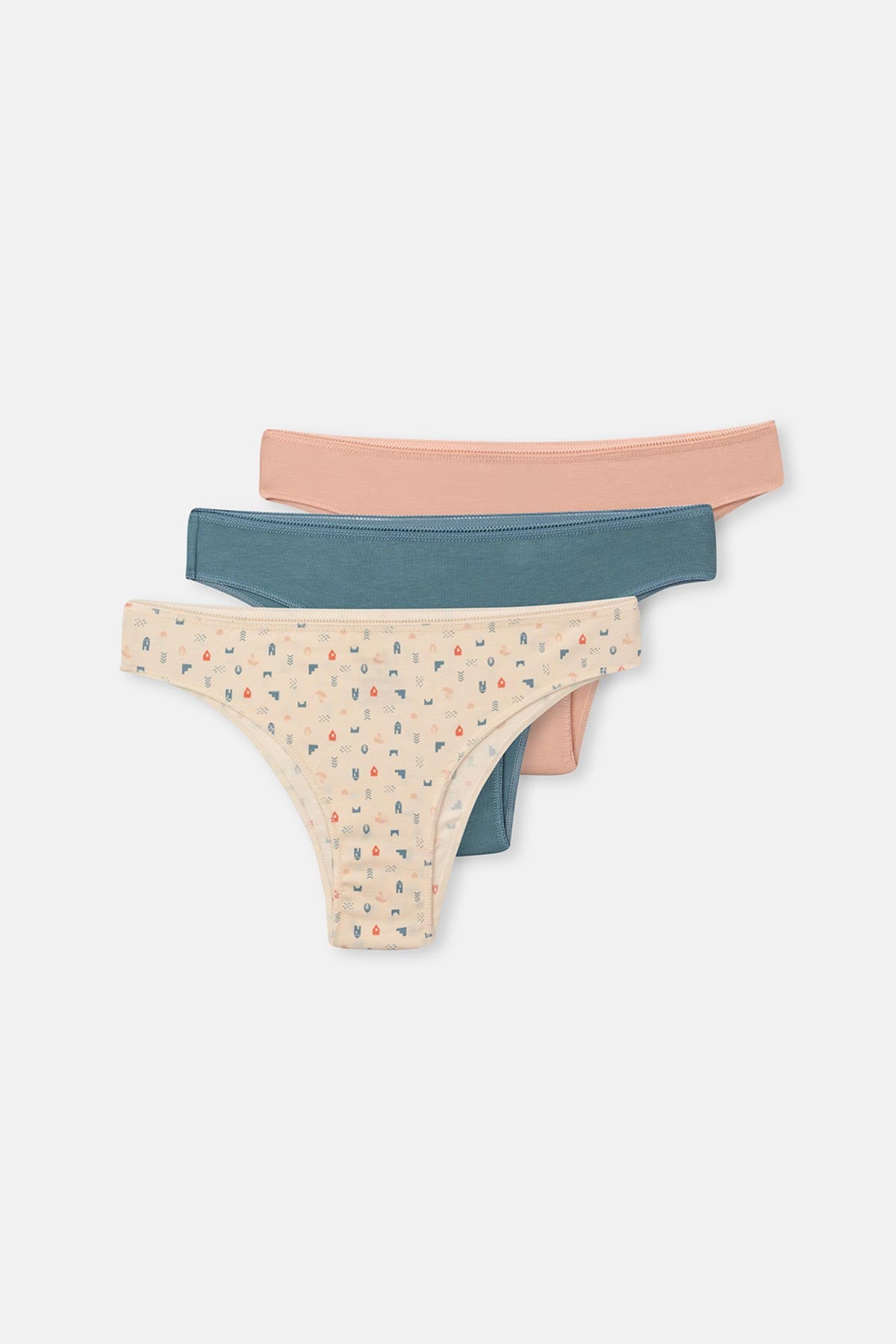 Ekru-Gri Mavi-Pudra Kadın 3'lü Desenli Brazilian Külot