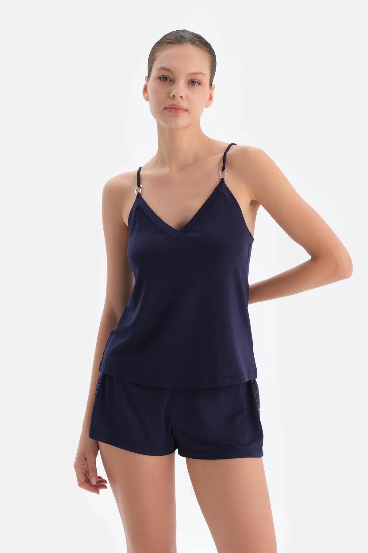 Lacivert Dantel Detaylı Atlet Şort Takım