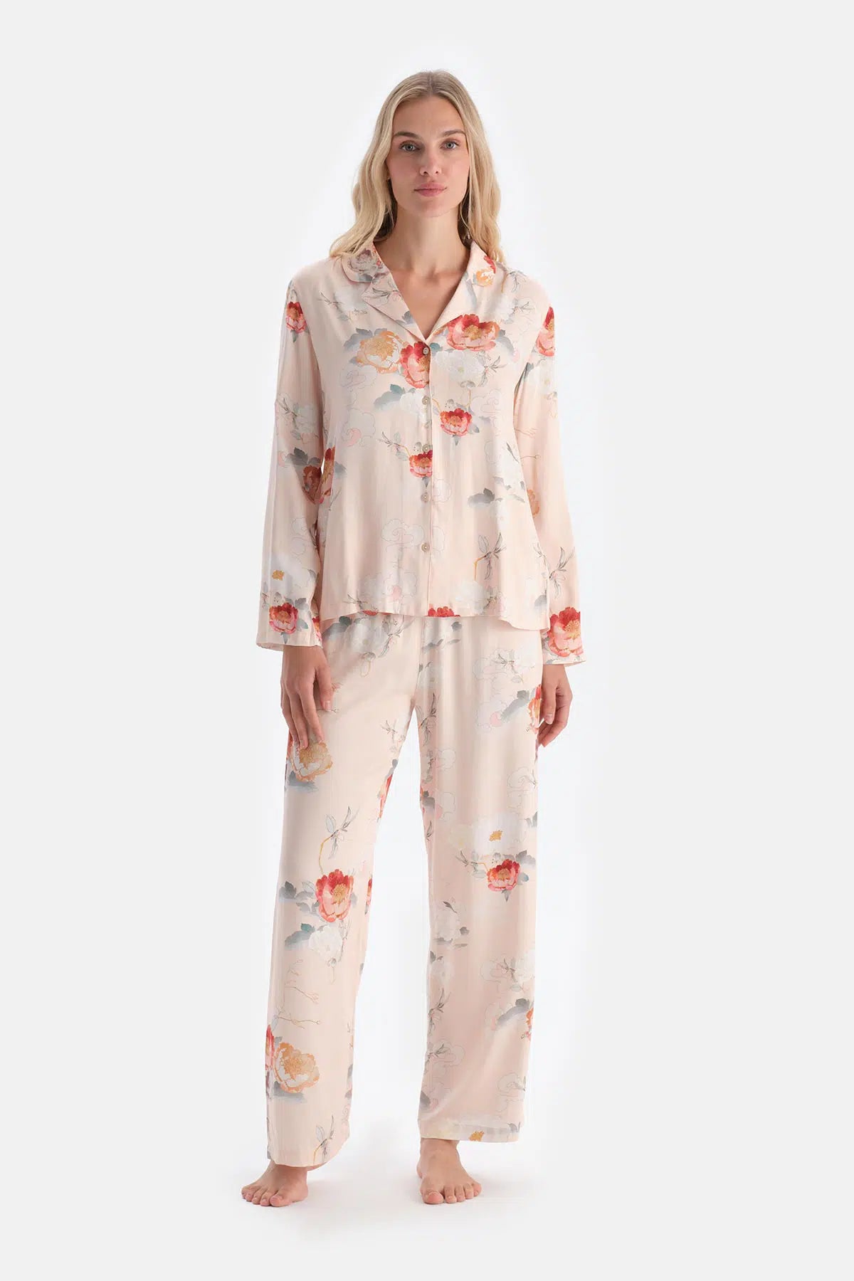 Krem Çiçekli Viskon Dokuma Pantolon Pijama Altı