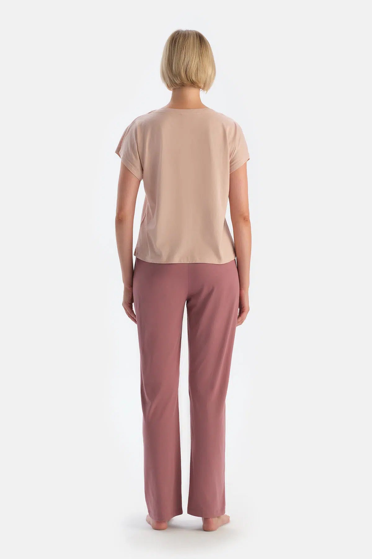 Ekru-Pembe Çiçek Desenli Süprem Ikili Örme Pantolon