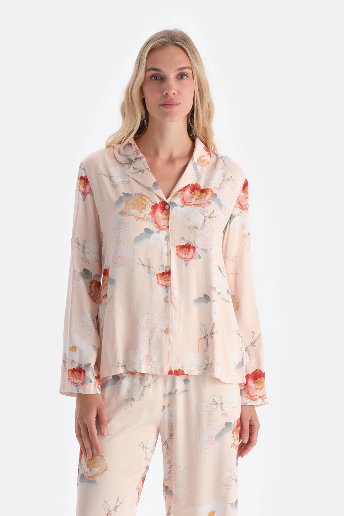 Krem Çiçekli Viskon Dokuma Gömlek Pijama Üstü