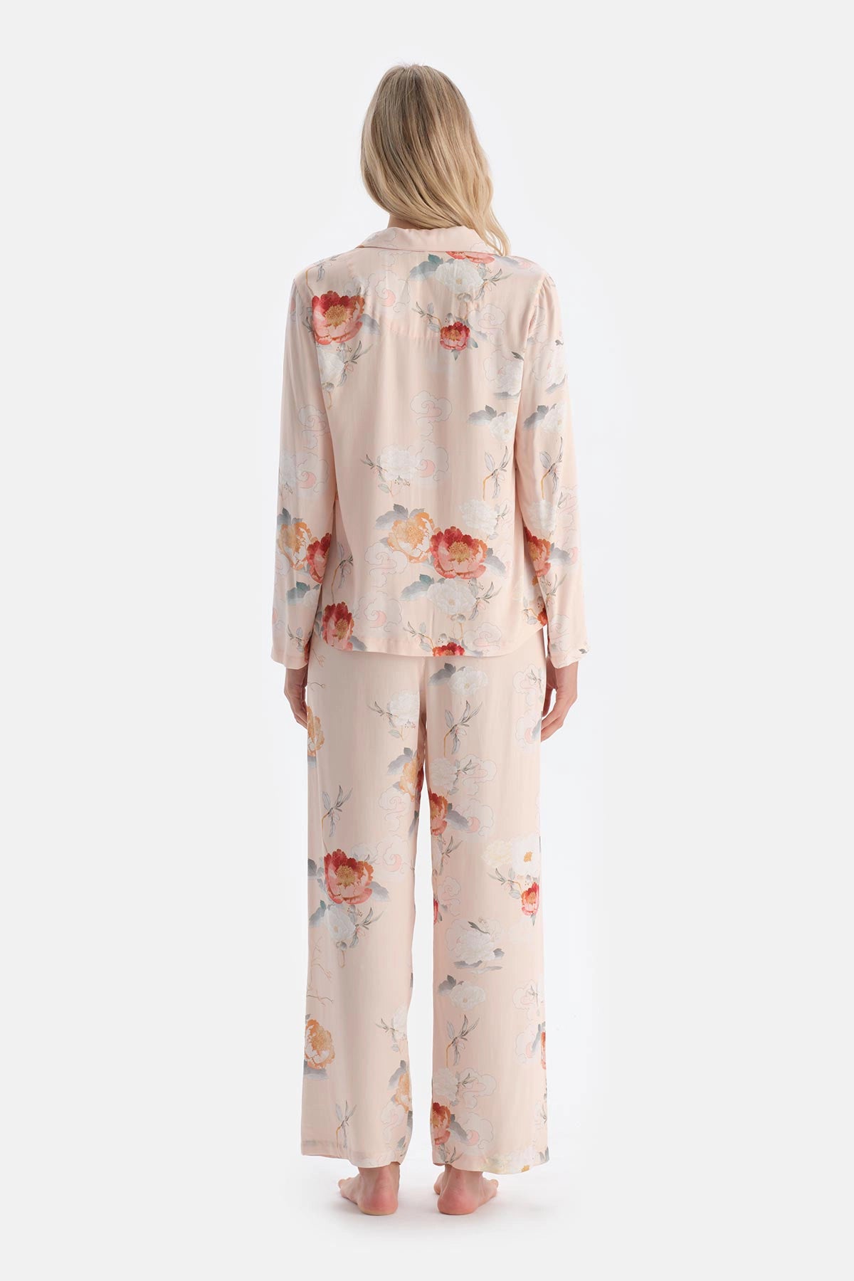 Krem Çiçekli Viskon Dokuma Gömlek Pijama Üstü