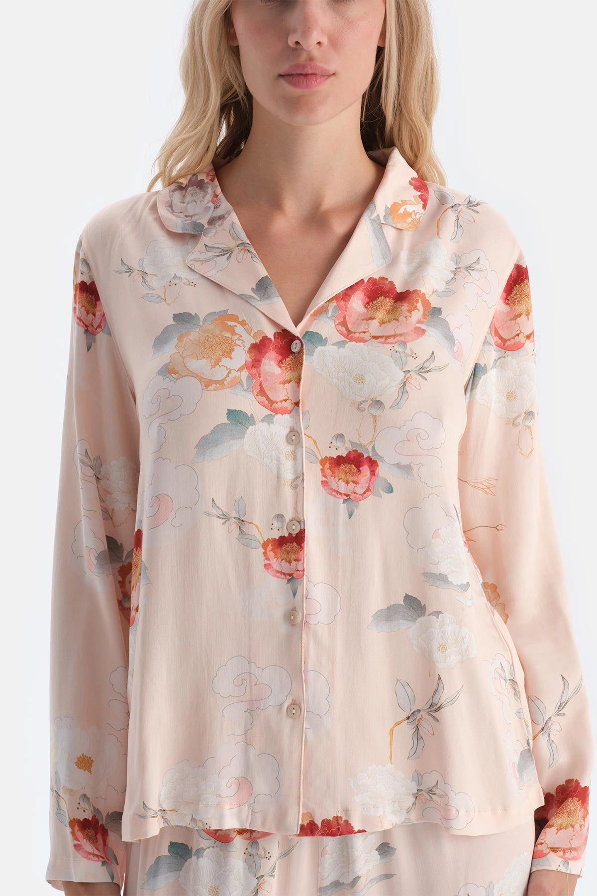 Krem Çiçekli Viskon Dokuma Gömlek Pijama Üstü