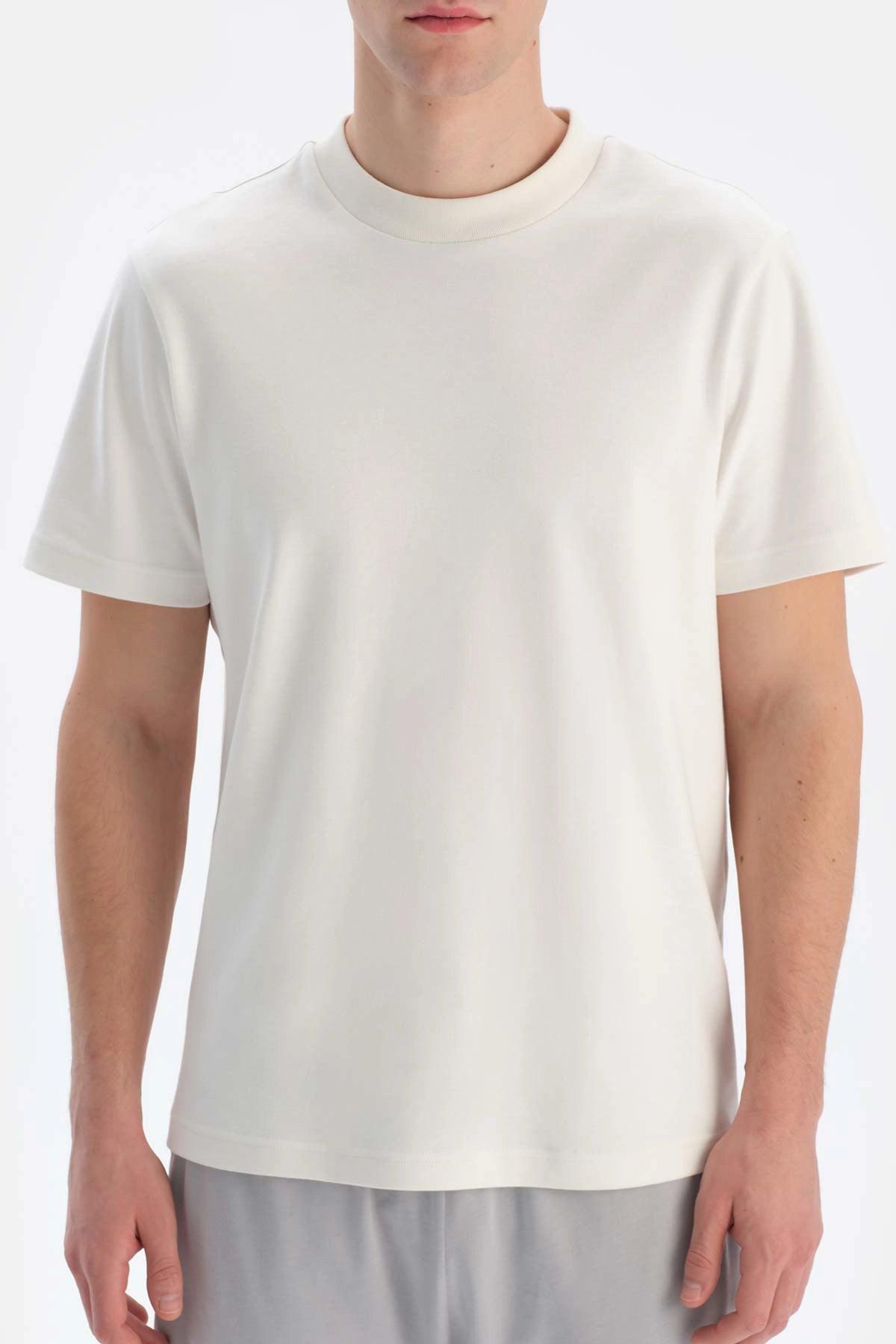 Beyaz Ipek Apre Interlok Bisiklet Yaka Tişört