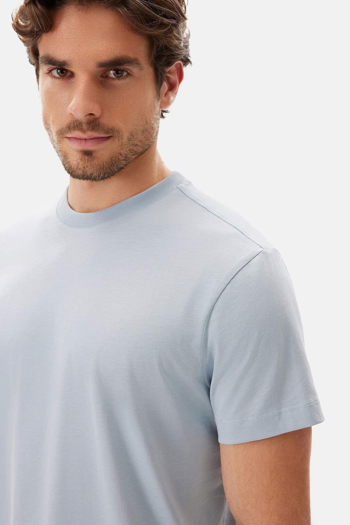 Açık Mavi Bisiklet Yaka Kısa Kollu Supima Tişört