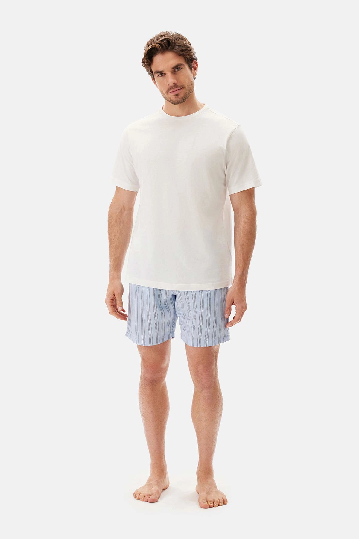 Açık Mavi Çizgili Dokuma Şort