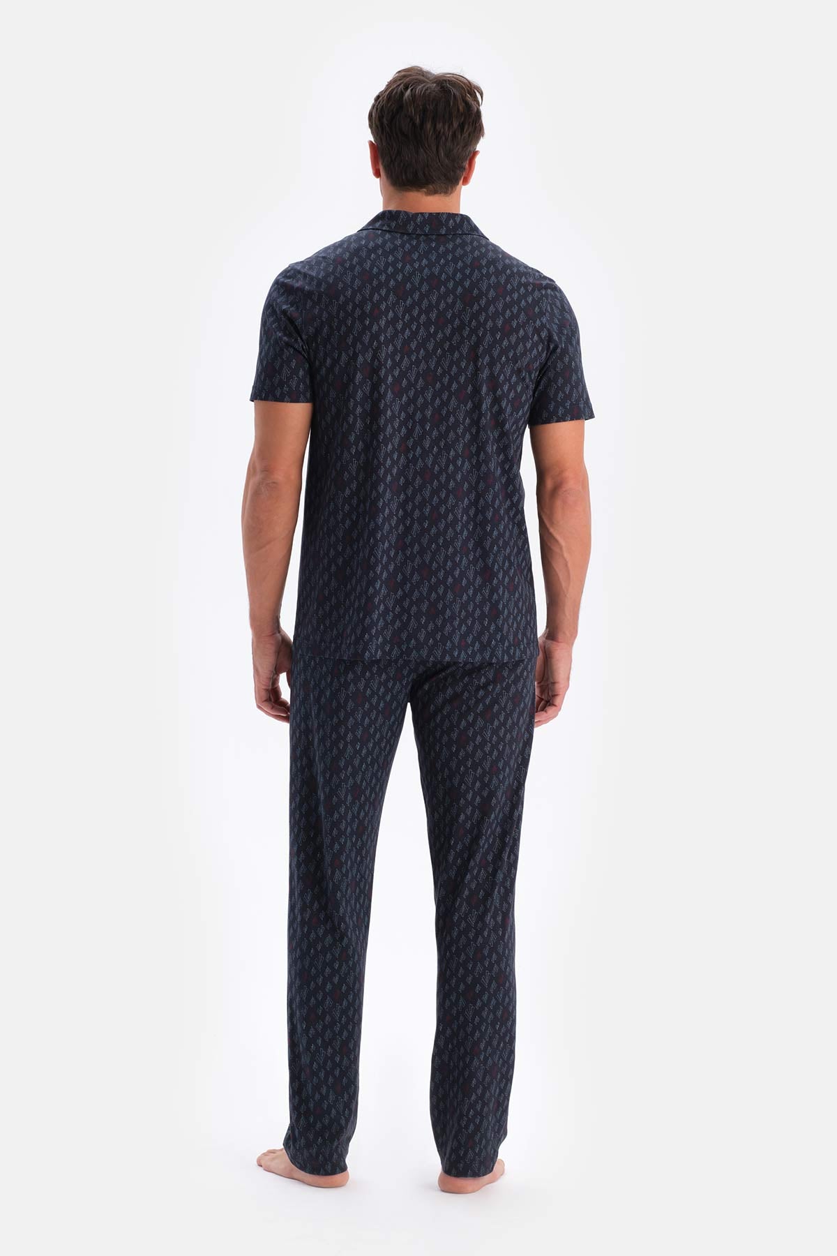 Lacivert Metraj Baskılı Pamuk Modal Gömlek Pantolon Pijama Takımı