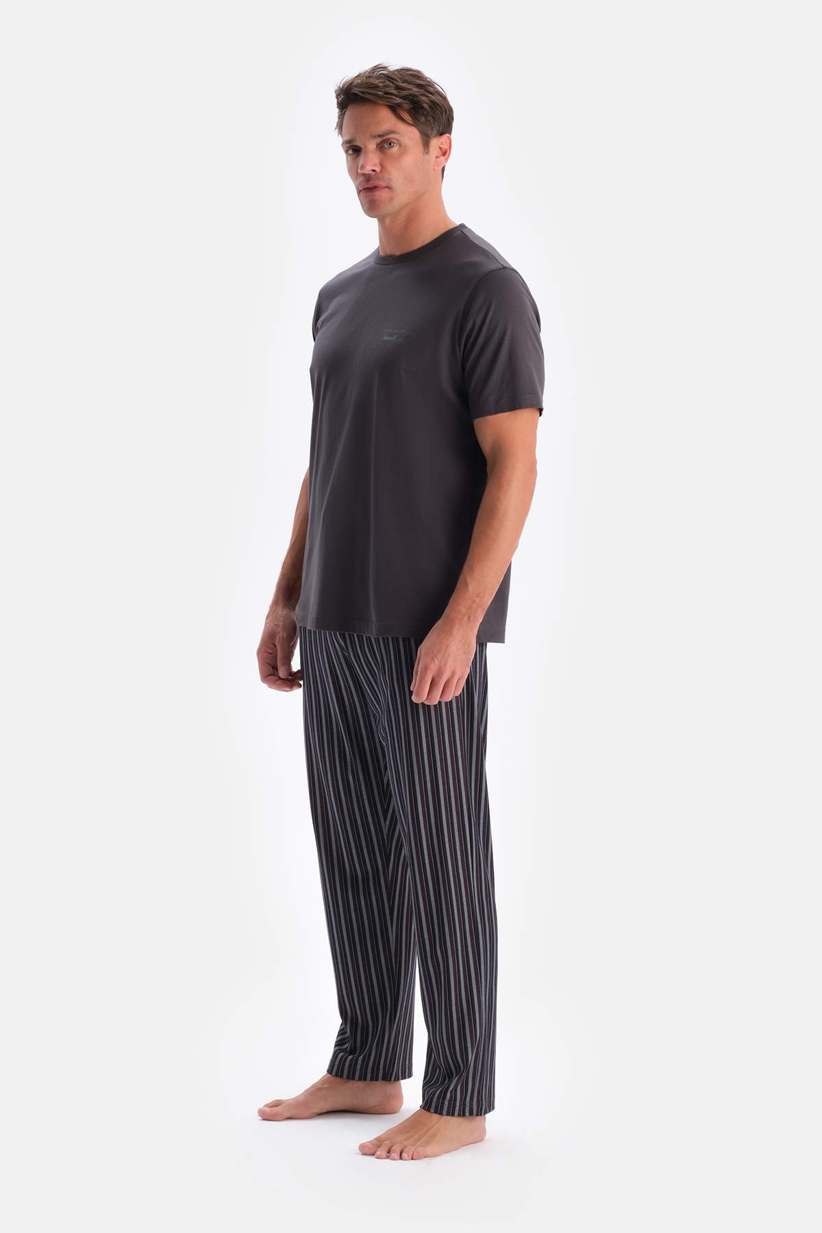 Füme Kısa Kollu Bisiklet Yaka Altı Çizgi Metraj Baskılı Pijama Takımı
