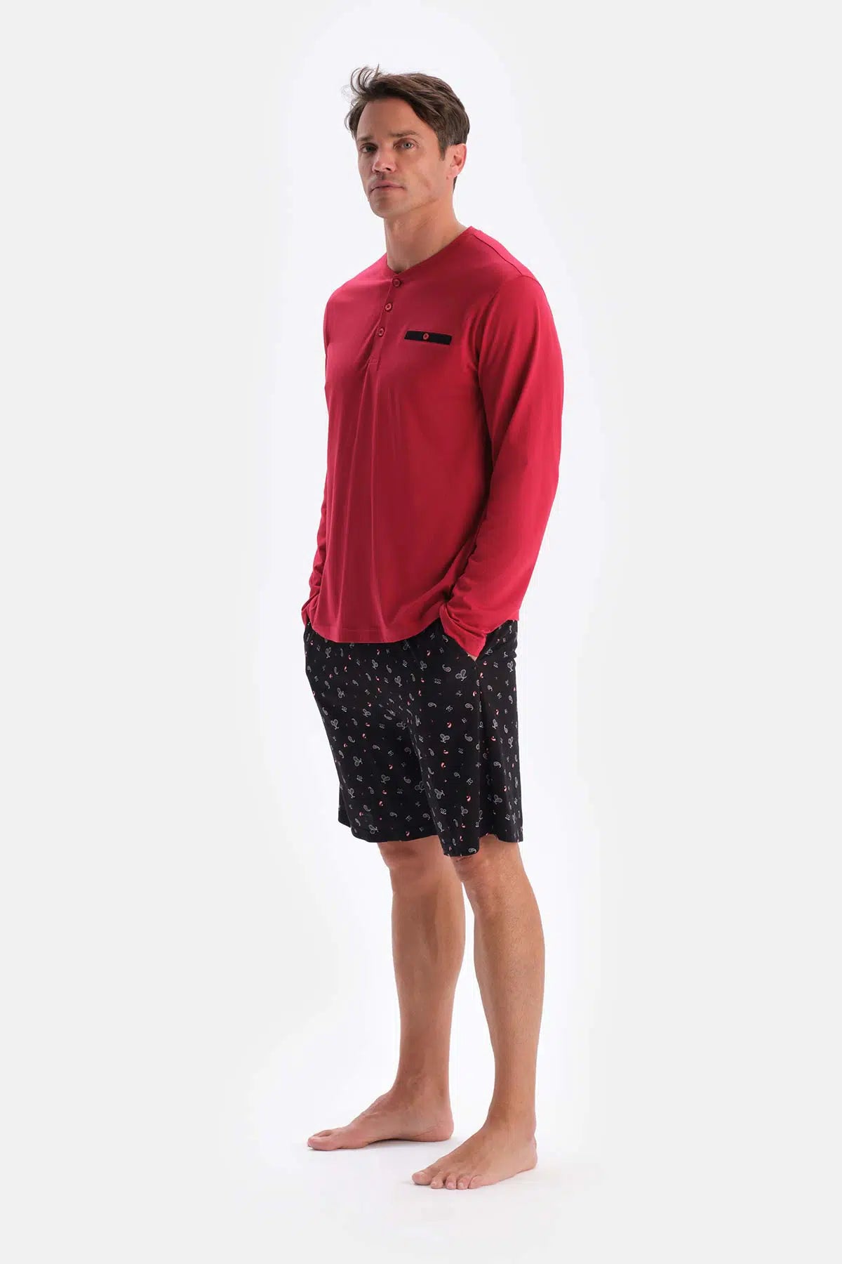 Bordo Yarım Patlı Uzun Kollu Şort Pantolon Üçlü Pijama Takımı