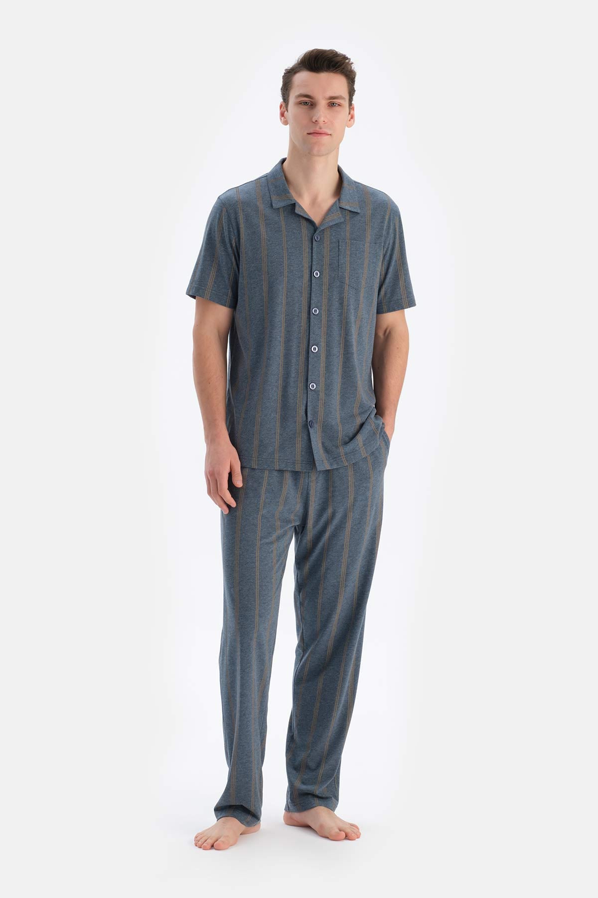 Multicolor Gömlek Yaka Kısa Kollu Çizgili Modal Pijama Takımı