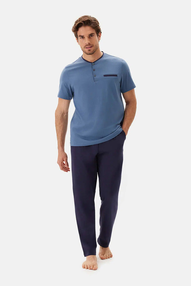 Açık Mavi Kısa Kollu Patlı Tişört Pantolon Pijama Takımı