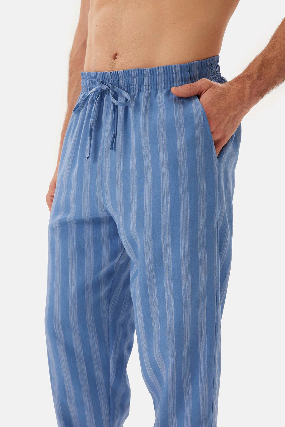 Mavi Çizgili Dokuma Pantolon Pijama Altı