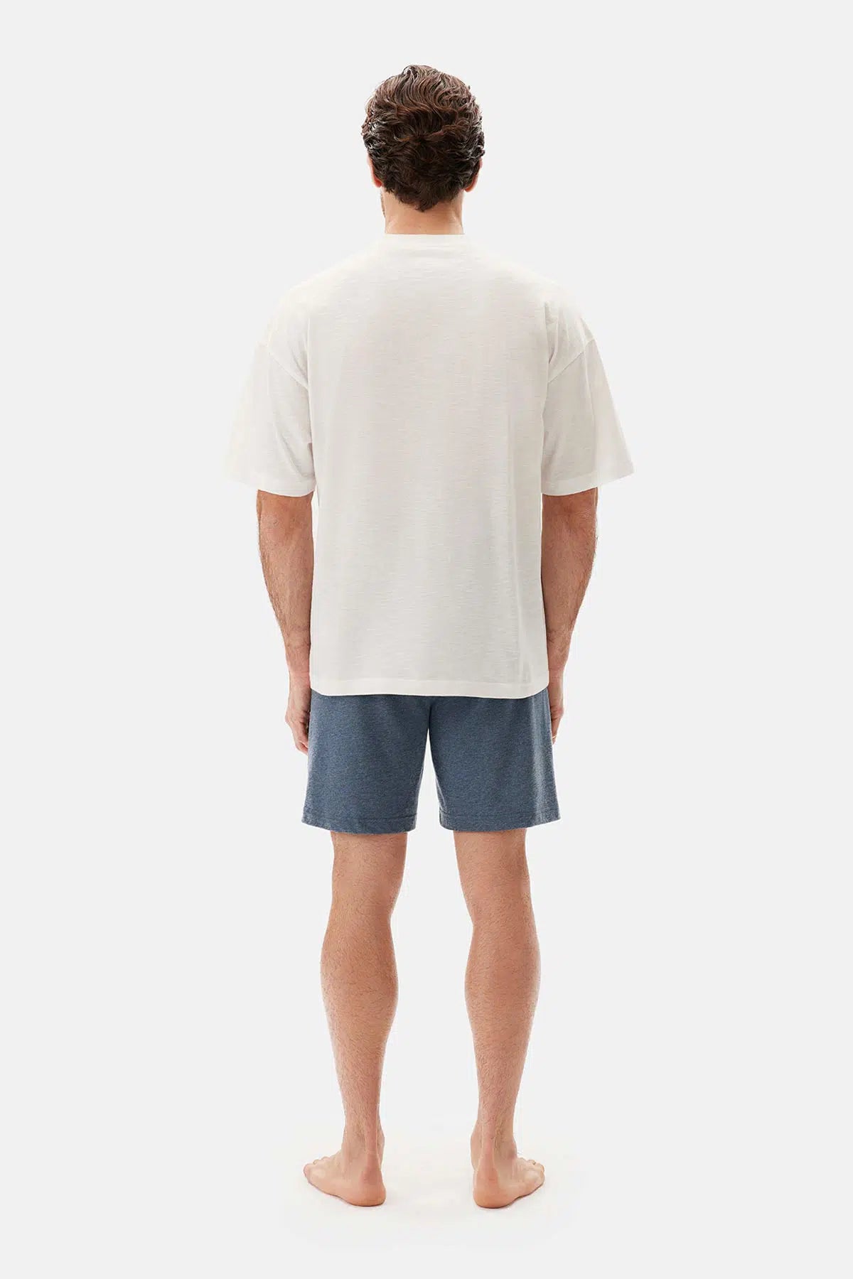 Ekru Bıs Yaka Flamlı Tişört Şort Pijama Takımı