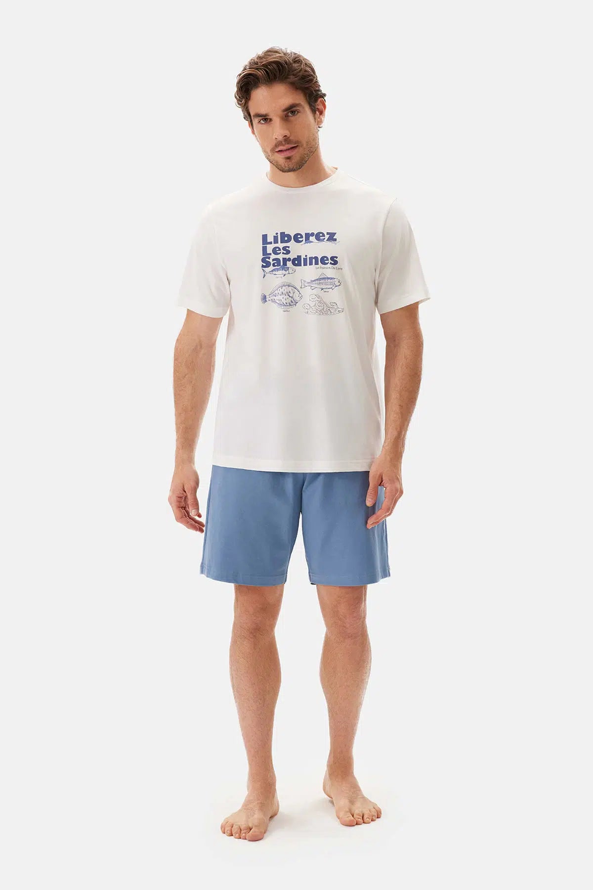 Ekru Bis Yaka Baskılı Kısa Kollu Şort Pijama Takımı